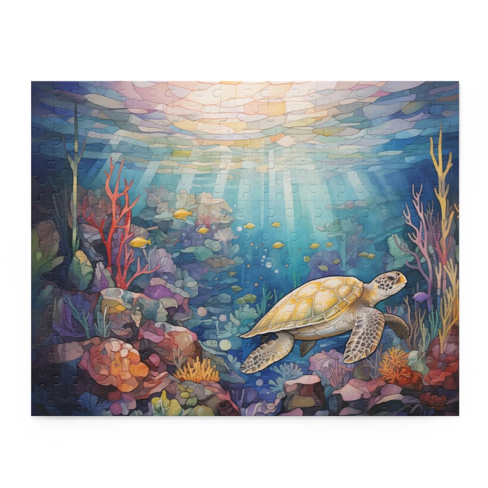 The Sea Turtle Reef Jigsaw Puzzle captures a vibrant underwater scene with a sea turtle gracefully navigating a reef, as sunlight filters through water and illuminates diverse marine life among colorful corals, creating an ocean atmosphere reminiscent of a stained glass gift that puzzle lovers will admire.