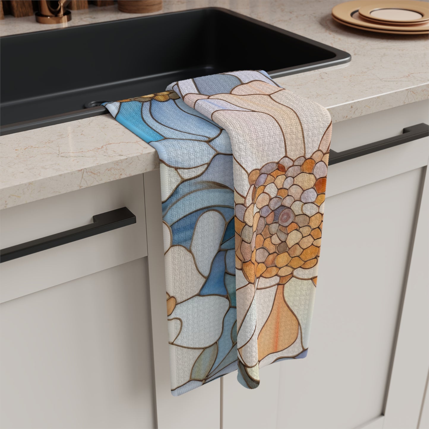 Stained Glass Flowers Tea Towel