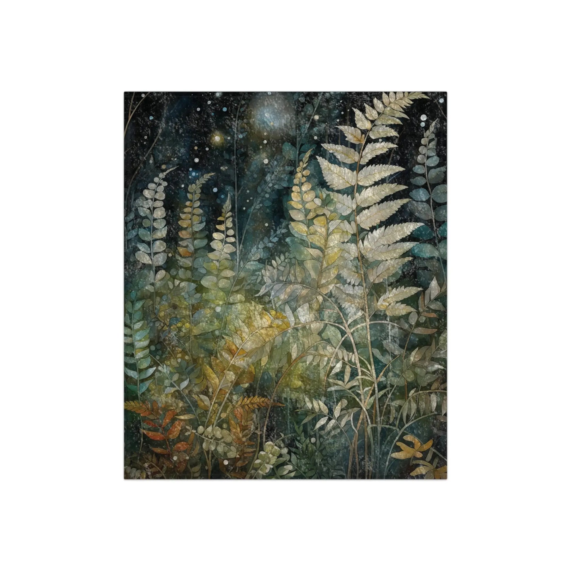 The Stained Glass Midnight Ferns Crushed Velvet Blanket - 50x60 features a mystical illustration of tall ferns against a starry night sky. Leaves in shades of green, yellow, and orange evoke the enchanting atmosphere of a serene forest.