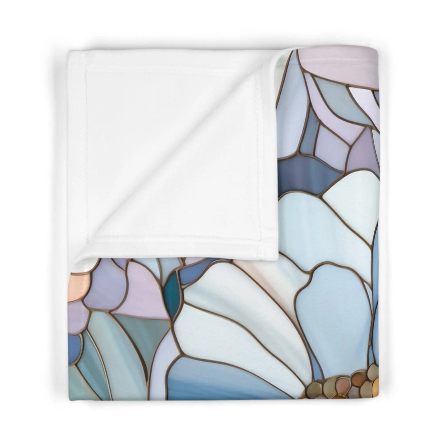 The Stained Glass Flowers Soft Fleece Baby Blanket features a pastel stained glass design with abstract floral shapes in boho elegance, using blue, lavender, and white outlined in black. The reverse side is plain white for versatility.