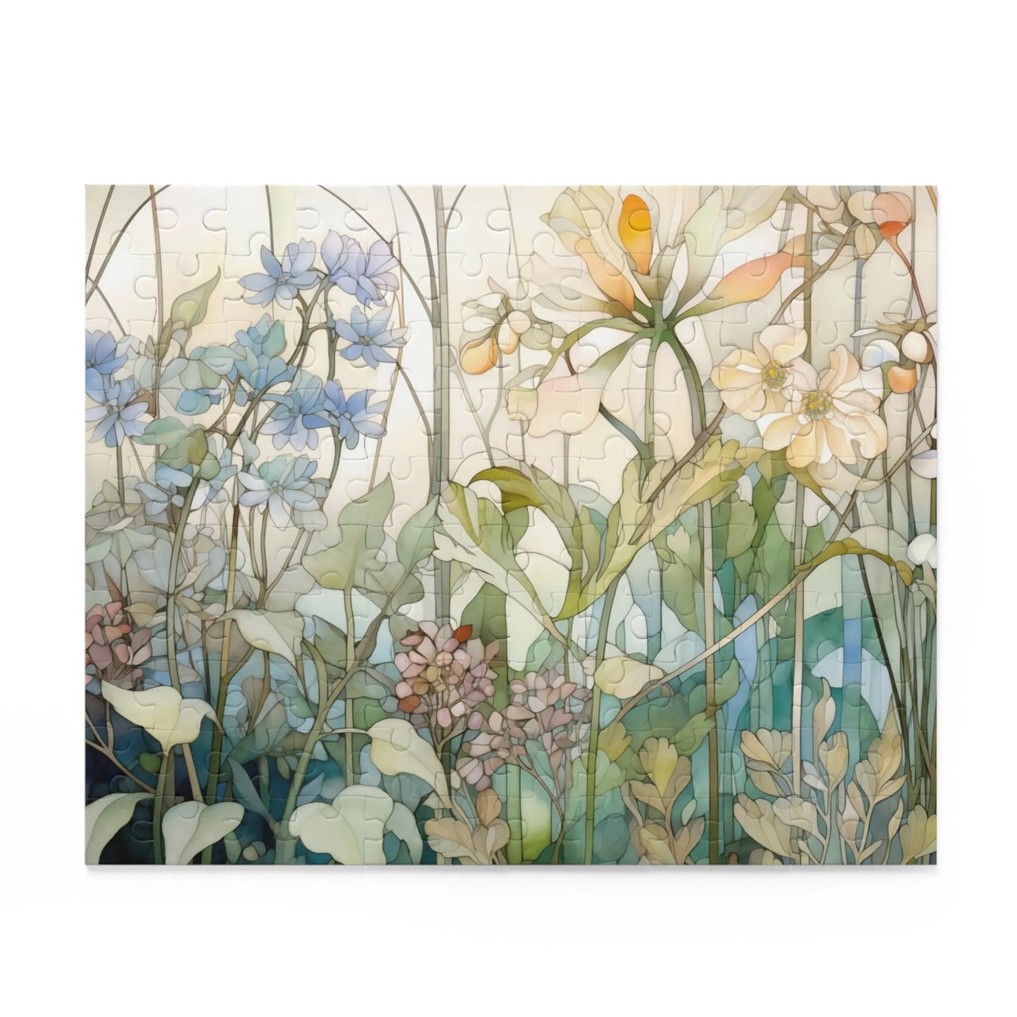 The Summer Wildflowers Jigsaw Puzzle features a watercolor-style illustration of wildflowers in blues, greens, and creams. Delicate stems and leaves form a serene scene, ideal for a relaxing afternoon.