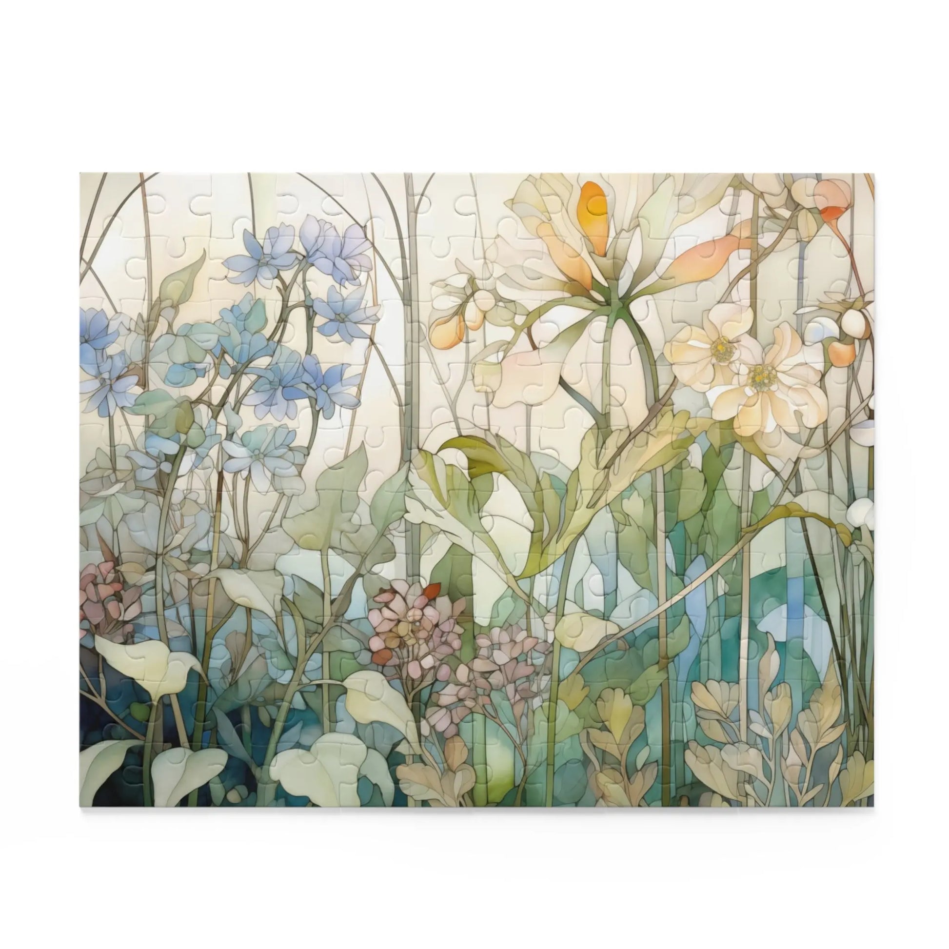 The Summer Wildflowers Jigsaw Puzzle features a watercolor-style illustration of wildflowers in blues, greens, and creams. Delicate stems and leaves form a serene scene, ideal for a relaxing afternoon.