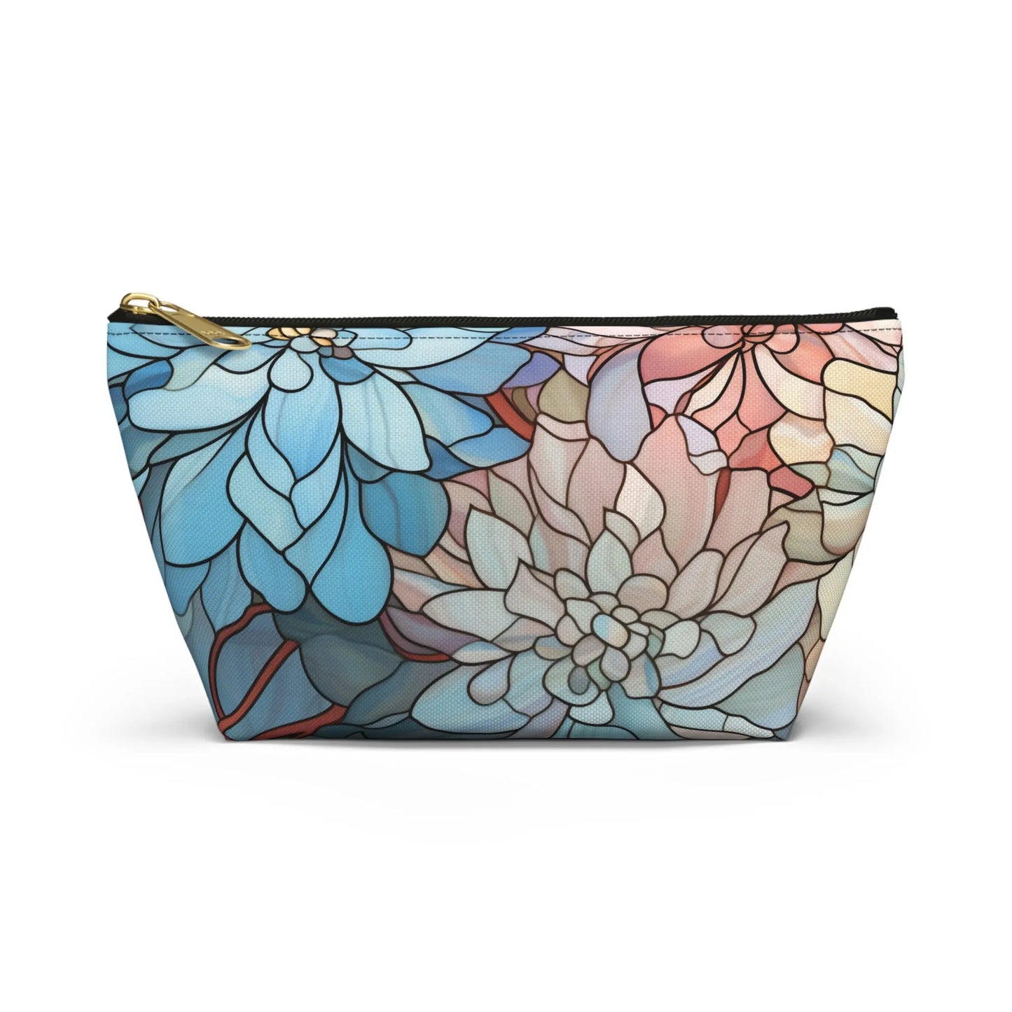 The Stained Glass Dark Flowers Cosmetic Bag features a boho floral design with large blue, pink, and beige flowers in a stained glass pattern. It includes bold outlines and soft hues, complemented by an elegant gold zipper, making it both stylish and functional.