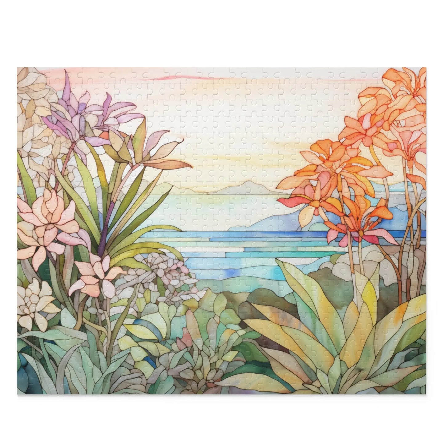 The Tropical Botanicals Jigsaw Puzzle showcases a serene ocean and distant horizon in the background, with colorful tropical botanicals in the foreground. The artwork features pastel tones and a soft, stained glass-inspired design.