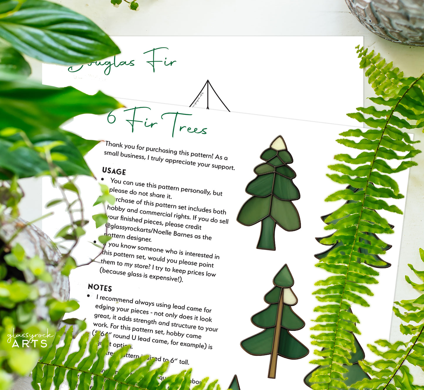 Christmas Fir Tree Stained Glass Patterns - Pack of 6 - Crafting Patterns & Molds, from GlassyRock Arts