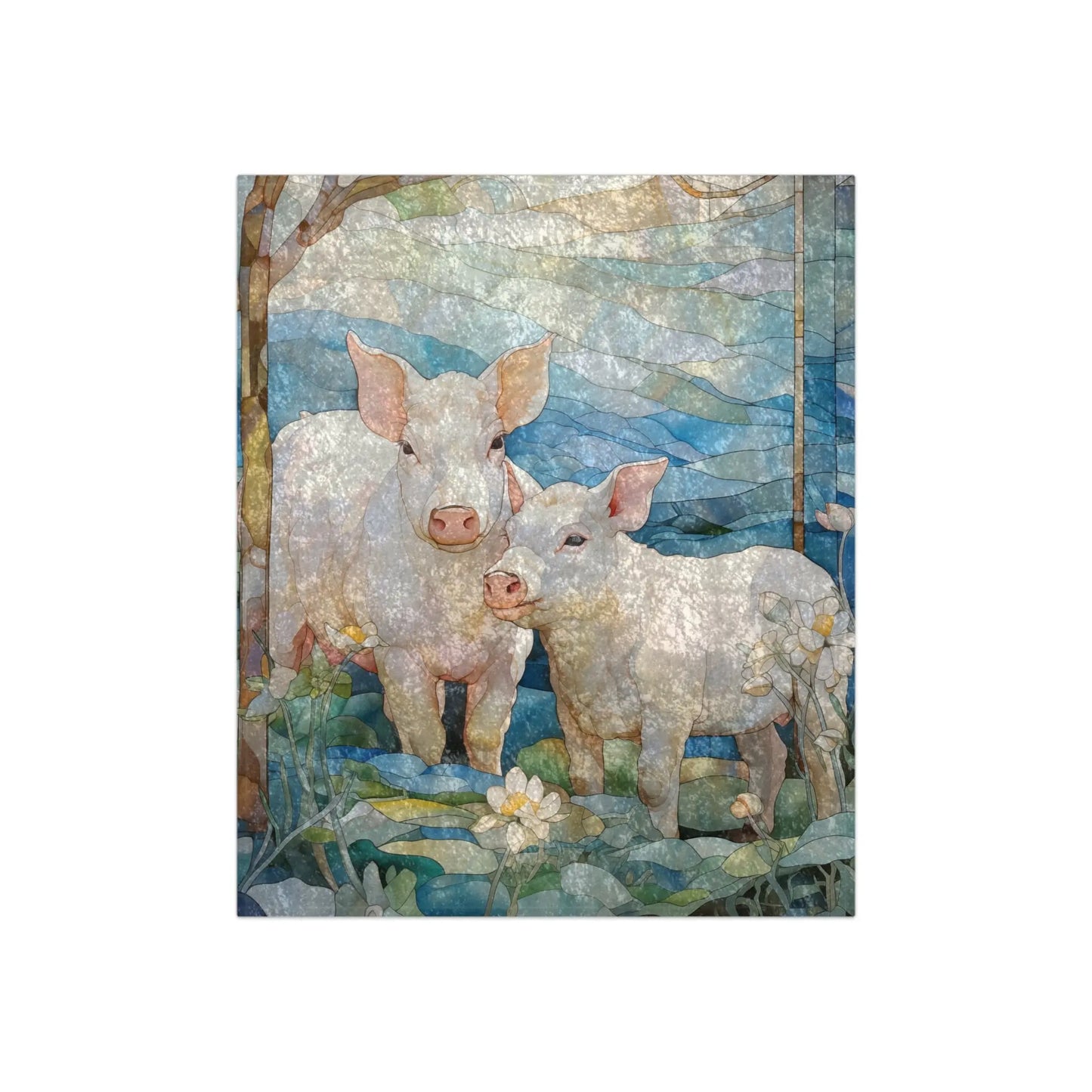 The Stained Glass Piglets Crushed Velvet Blanket (50x60) showcases an artwork of two pigs in a field, backed by a blue sky with clouds and trees. White flowers sprinkle the green grass, evoking a springtime forest design.