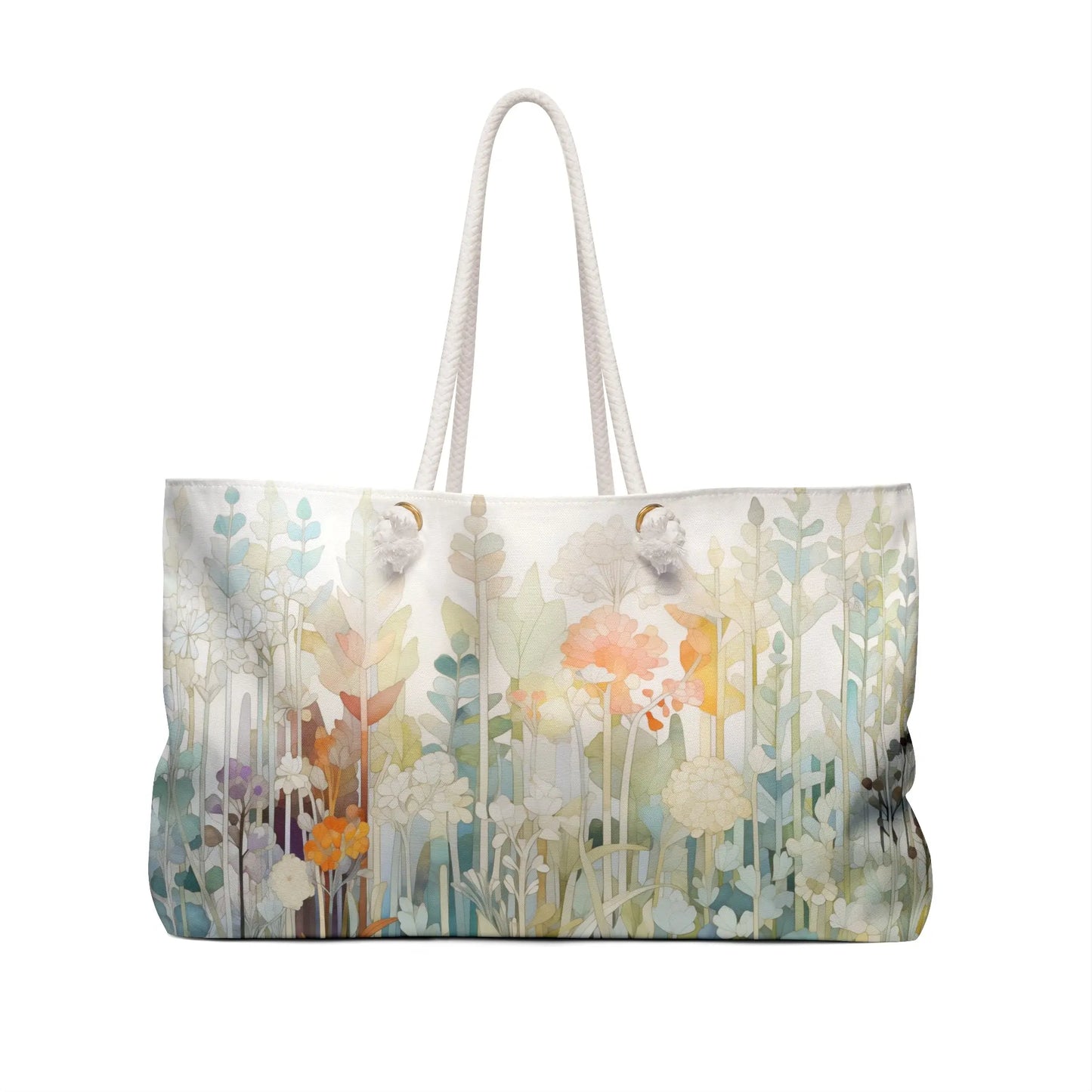 The Stained Glass Pastel Flowers Oversized Tote Bag features a watercolor floral design with pastel blooms and green stems. White rope handles add to its spacious, sturdy look, making it perfect for carrying essentials.