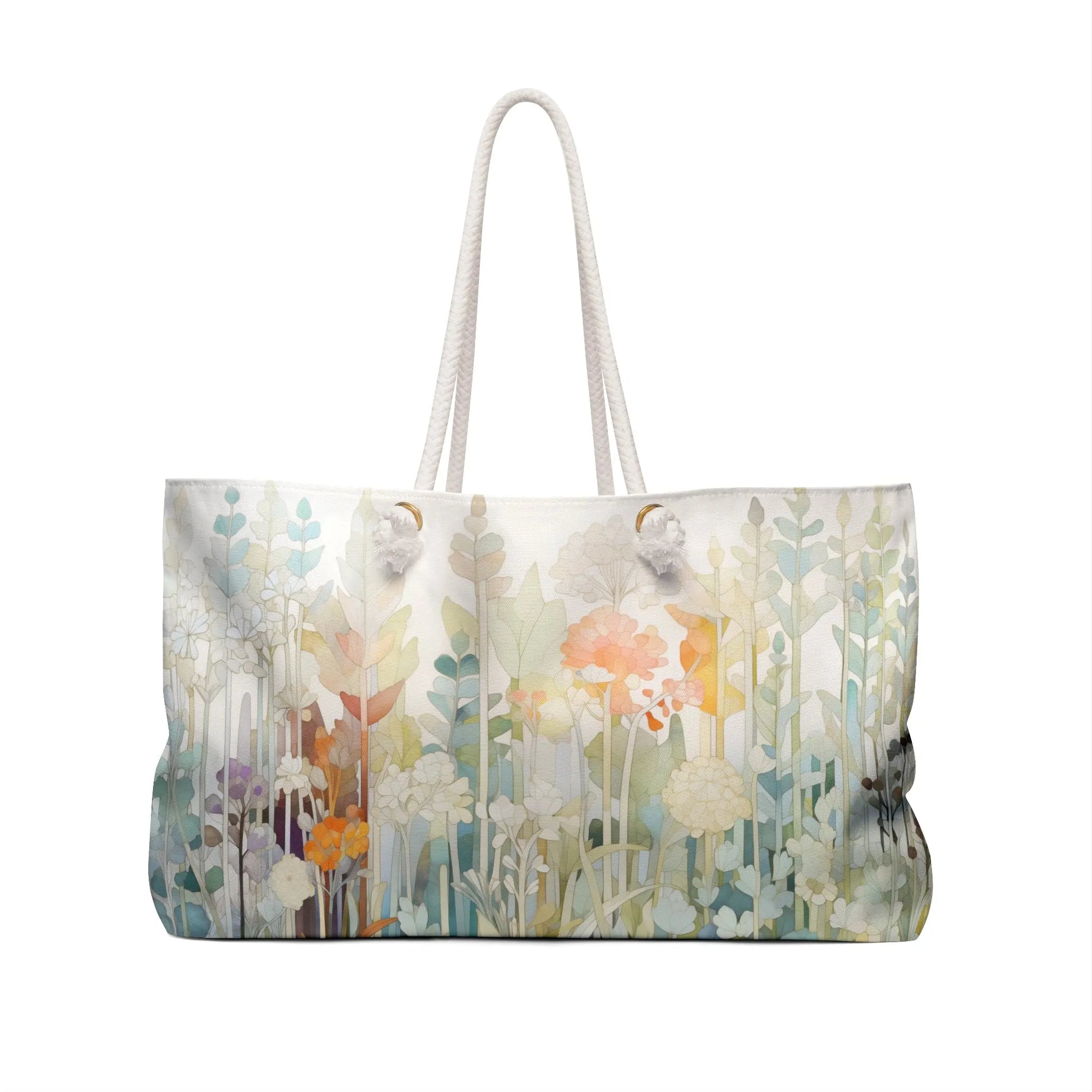 The Stained Glass Pastel Flowers Oversized Tote Bag features a watercolor floral design with pastel blooms and green stems. White rope handles add to its spacious, sturdy look, making it perfect for carrying essentials.