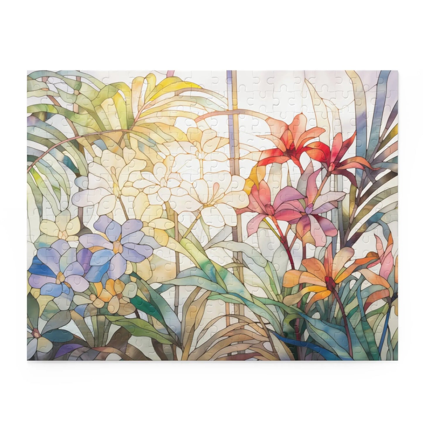 The Tropical Blooms Jigsaw Puzzle features a vibrant depiction of red, purple, and yellow flowers among green leaves, evoking the look of a stained glass art piece. It makes an ideal gift for art lovers with its colorful and artistic portrayal of nature.