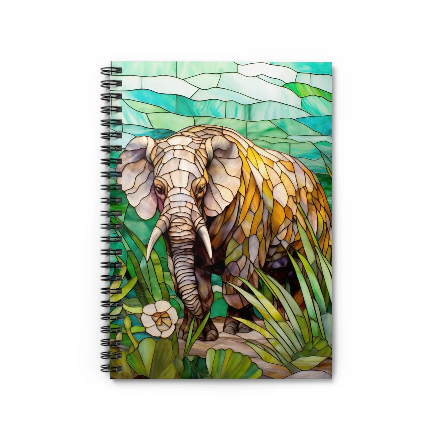 The Stained Glass Elephant Spiral Notebook showcases an artistic mosaic of an elephant amid green foliage, with stained glass-like pieces in brown, orange, and yellow hues—perfect as a gift set against lush green shades.