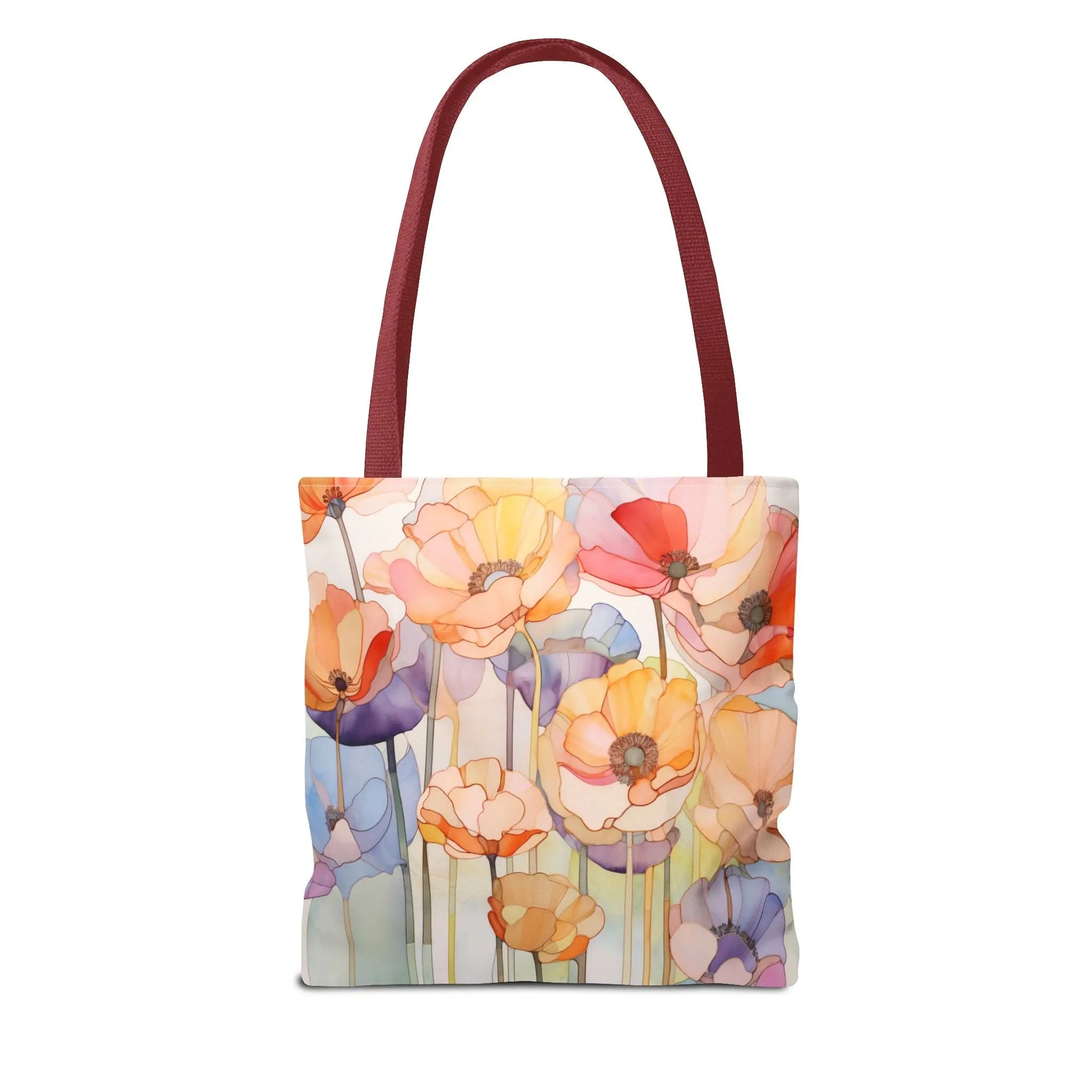 The Stained Glass Poppy Flowers Tote Bag is adorned with vibrant red, orange, and yellow floral patterns. Made from durable polyester, it has sturdy red-brown handles for reliable use and comes in three sizes.