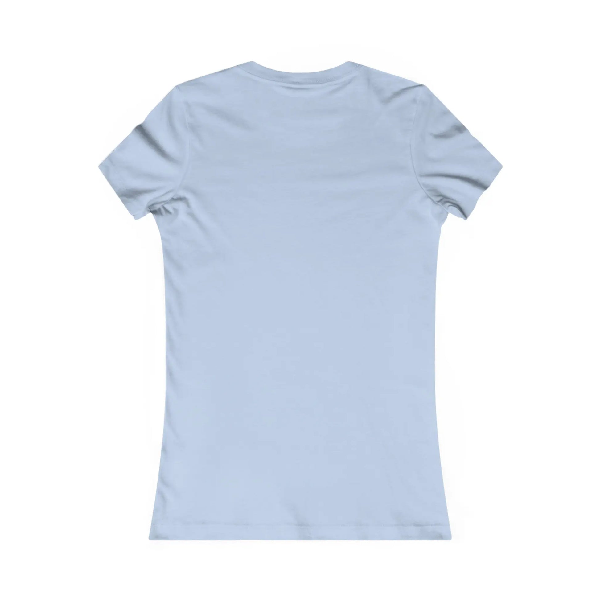 A Stained Glass Groovy Butterfly Womens Tee Shirt by Bella+Canvas is shown from the back against a white background. This plain, light blue, short-sleeved shirt features a basic design with no patterns or logos, highlighting sustainable fashion.