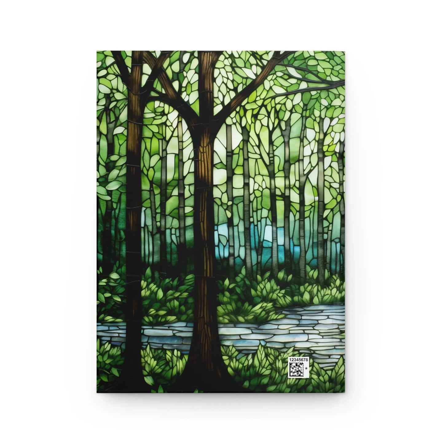 The Stained Glass Forest Hardcover Journal features a custom stained glass design of a lush forest with tall trees and a winding stone path. The vibrant green canopy filters sunlight, casting colorful reflections—a perfect exquisite gift.