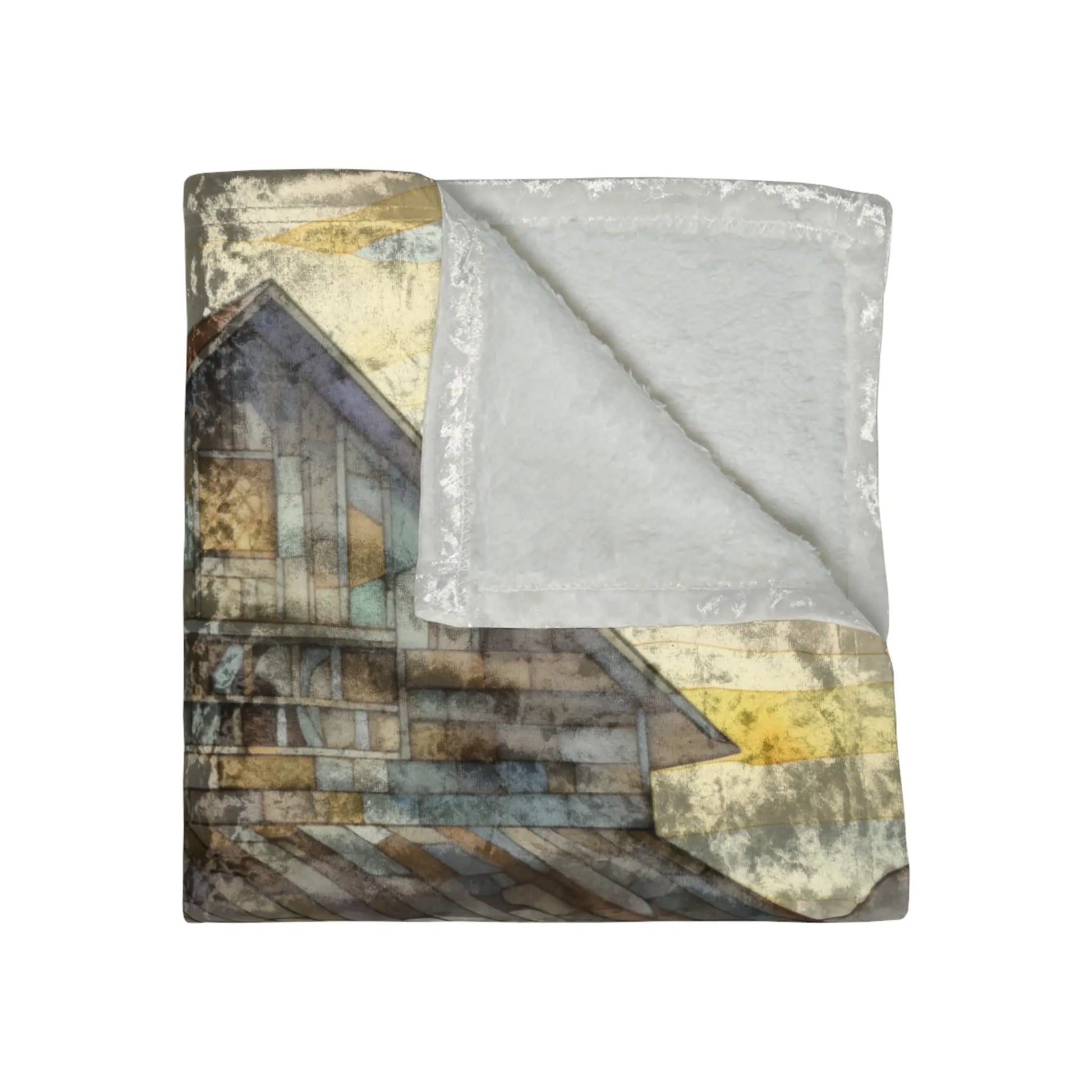 The Stained Glass Chickens Crushed Velvet & Fleece Blanket - 50x60 showcases original building artwork with a gabled roof on one side and a soft, fuzzy white fleece on the reverse.