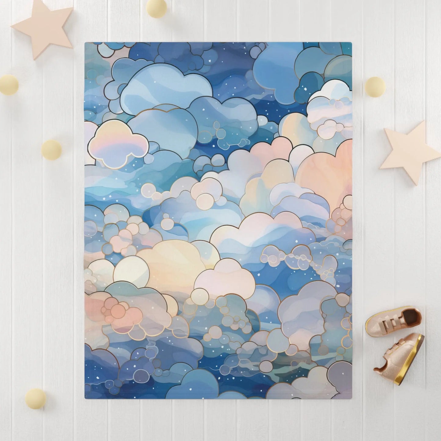 A picture of the Stained Glass Clouds Boho Baby Blanket, Blue Clouds Print from GlassyRock Arts.