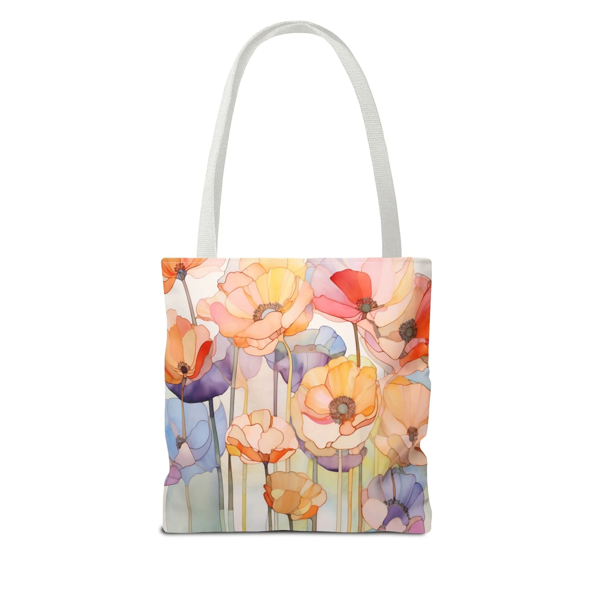 The Stained Glass Poppy Flowers Tote Bag is crafted from durable polyester, showcasing a floral pattern with translucent poppies in orange, pink, blue, and purple on a light background. It features two sturdy white straps for easy carrying and is available in three sizes.