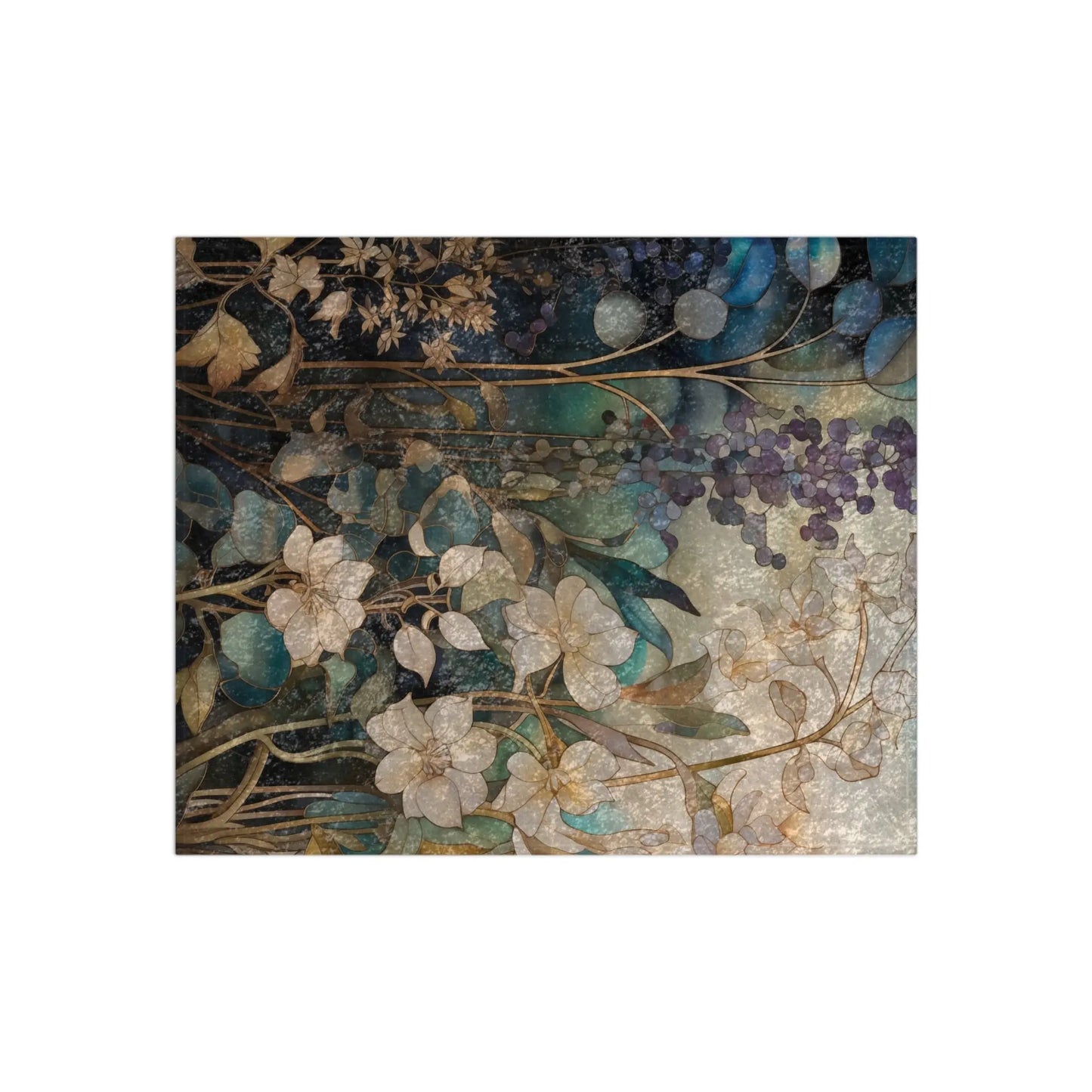 The Stained Glass Midnight Flowers Crushed Velvet and Soft Fleece Blanket - 50x60 showcases abstract floral artwork with white flowers, blue and purple blossoms intertwined with leaves. Its background transitions from dark to light, enhancing the textured, dreamy atmosphere.