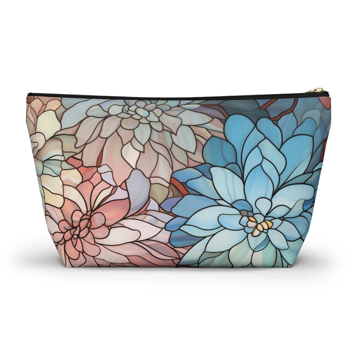 The Stained Glass Dark Flowers Cosmetic Bag showcases a vibrant stained glass design with overlapping floral motifs in blue, pink, and beige, creating an artistic boho look.