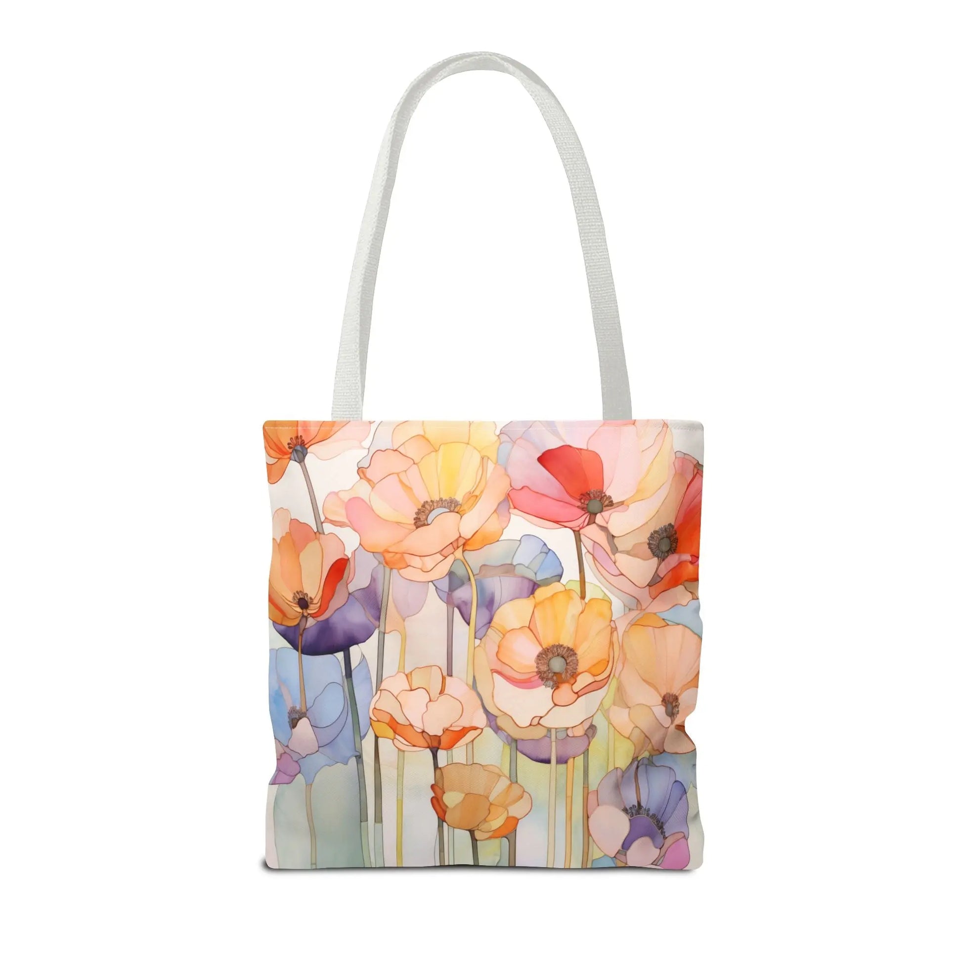 The Stained Glass Poppy Flowers Tote Bag showcases a vibrant watercolor floral design in orange, pink, purple, and blue on green stems. Made from durable polyester, it features white handles and a white background. Available in 3 sizes.