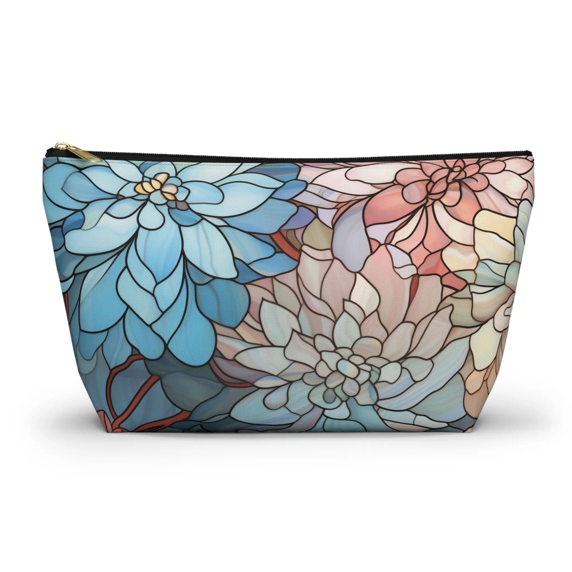 The Stained Glass Dark Flowers Cosmetic Bag is a stunning zippered pouch with a colorful floral stained glass design in blue, pink, and cream—a perfect boho gift for fans of artistry and elegance.