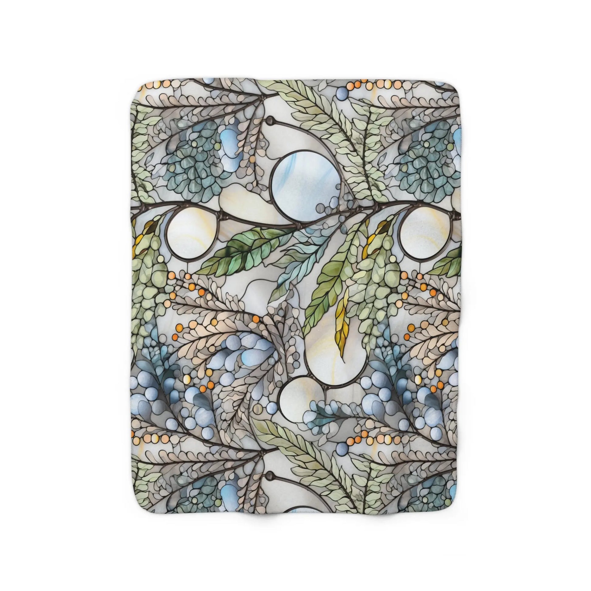 The Stained Glass Nouveau Ferns Sherpa Fleece Blanket features a boho print with colorful stained glass elements, highlighting abstract leaves and berries in green, blue, yellow, and grey against white. Its circular design and intricate layout capture the charm of botanical stained glass.
