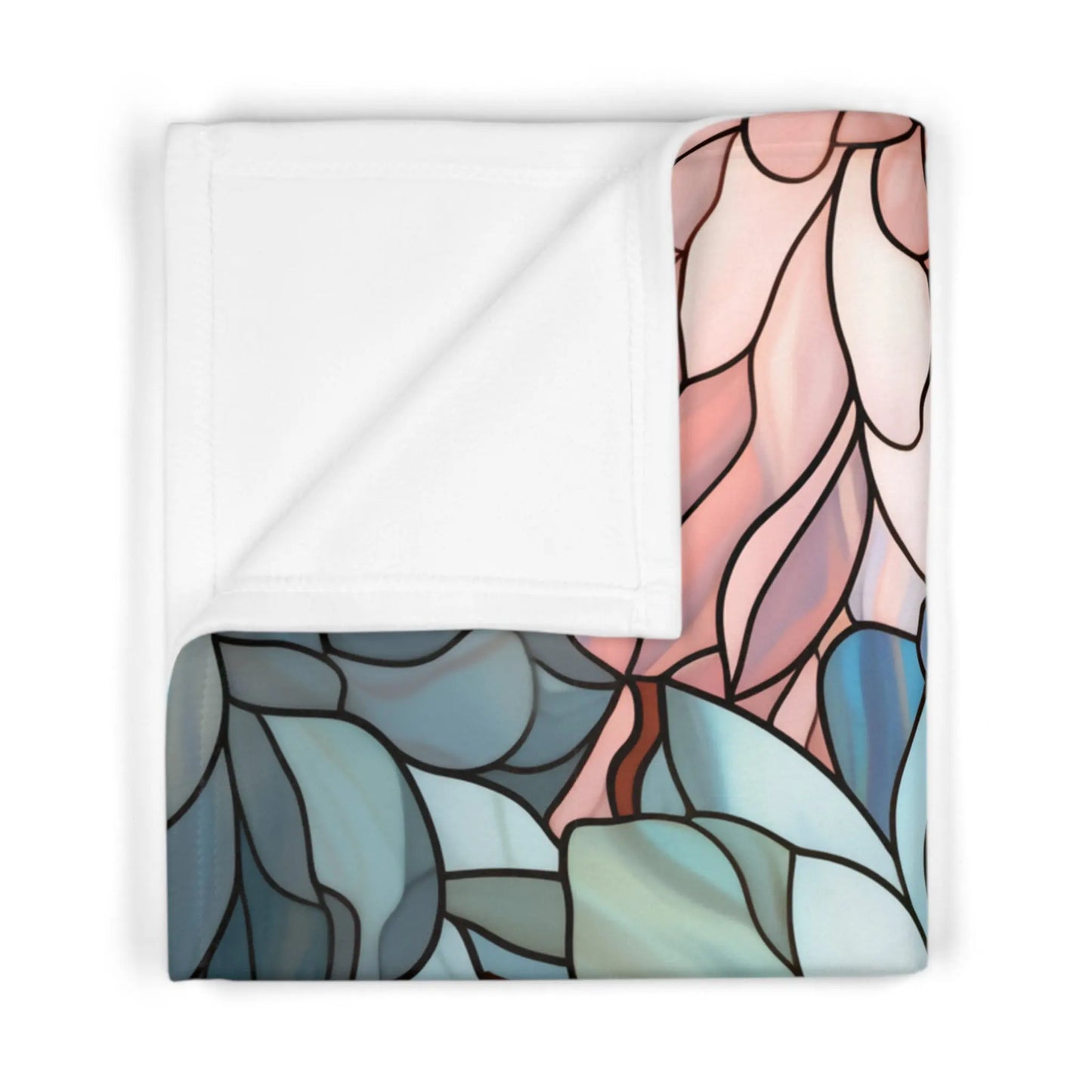 The Stained Glass Dark Flowers Soft Fleece Baby Blanket showcases a boho stained glass design in blue, green, and pink hues. The top corner is folded back to reveal the plain white underside, adding elegance to any nursery.