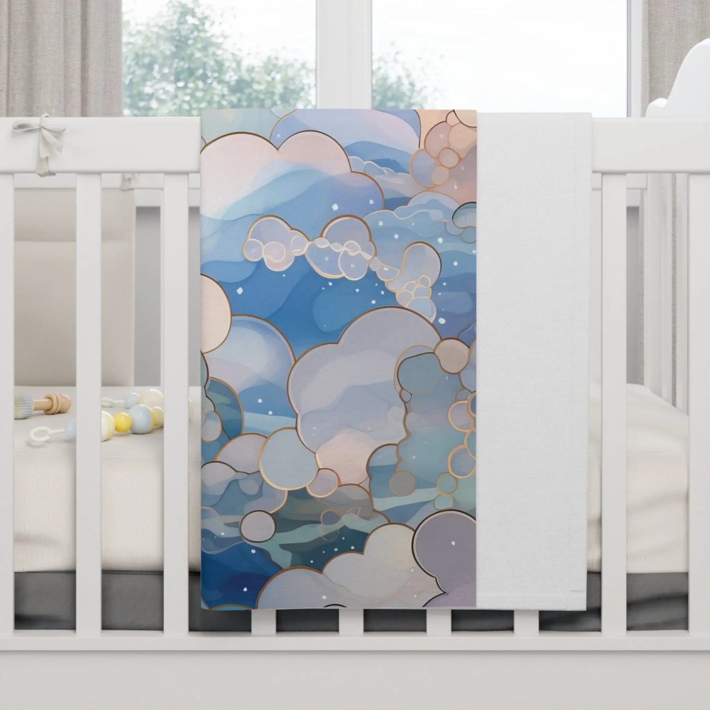 A picture of the Stained Glass Clouds Boho Baby Blanket, Blue Clouds Print from GlassyRock Arts.