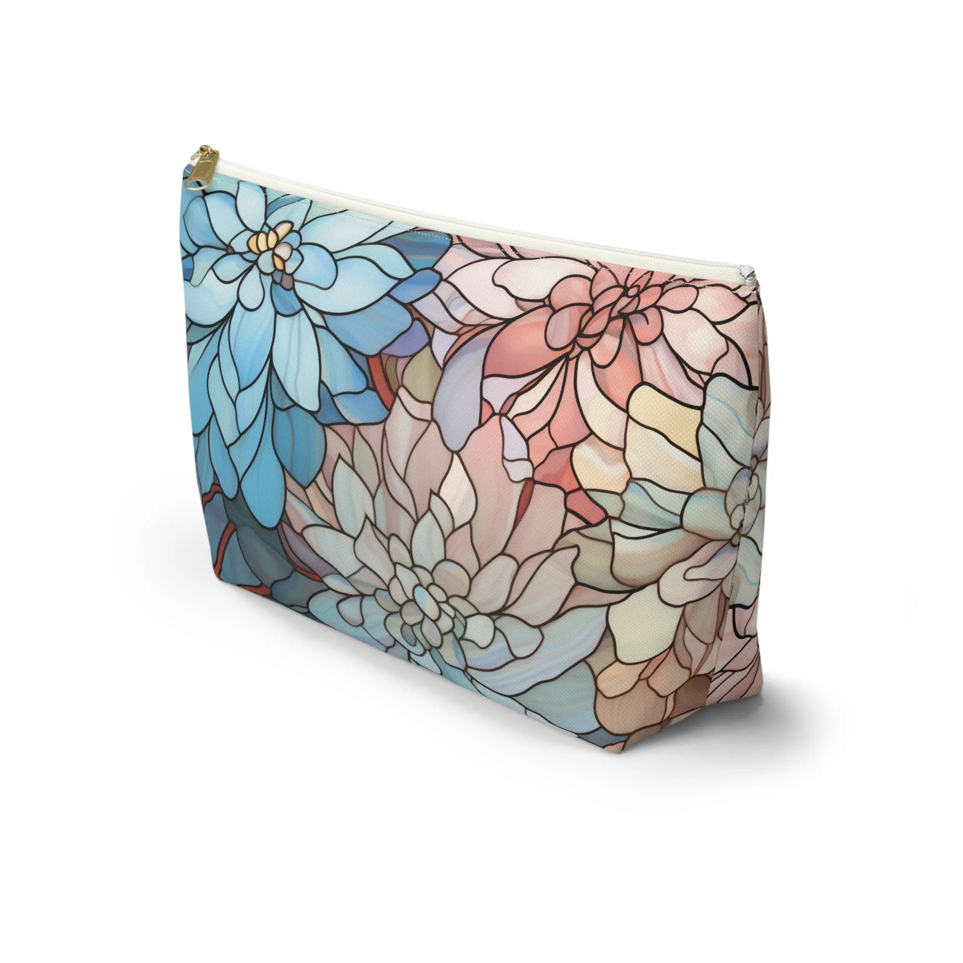 The Stained Glass Dark Flowers Cosmetic Bag features a zippered pouch with a floral design in blue, pink, and beige, resembling stained glass. Ideal as a boho gift or elegant cosmetic bag, it stands upright for easy access and style.