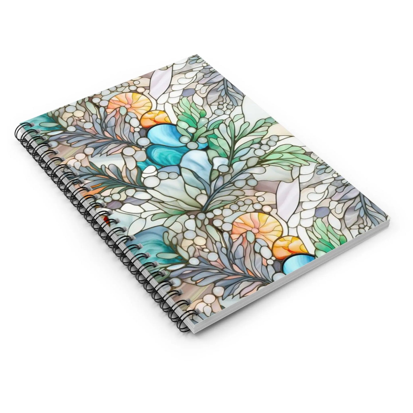 A picture of the Stained Glass Ferns Lined Spiral Notebook from GlassyRock Arts.