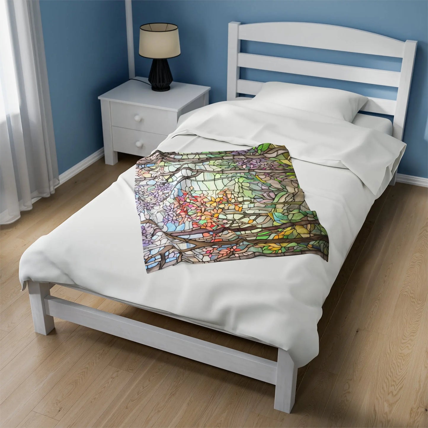 A picture of the Stained Glass Springtime Forest Velveteen Plush Blanket from GlassyRock Arts.
