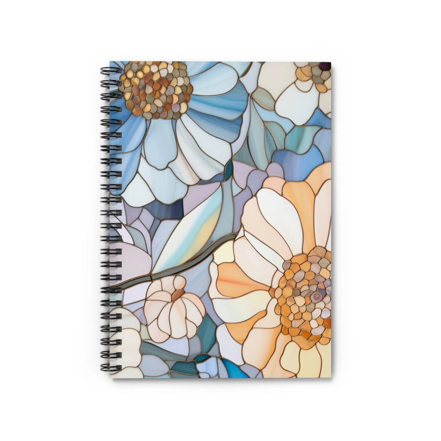 The Stained Glass Flowers Spiral Notebook features bespoke printing in a stained glass cover design with large abstract flowers in blue, peach, and cream. Petals and centers are intricately crafted in mosaic-like patterns.