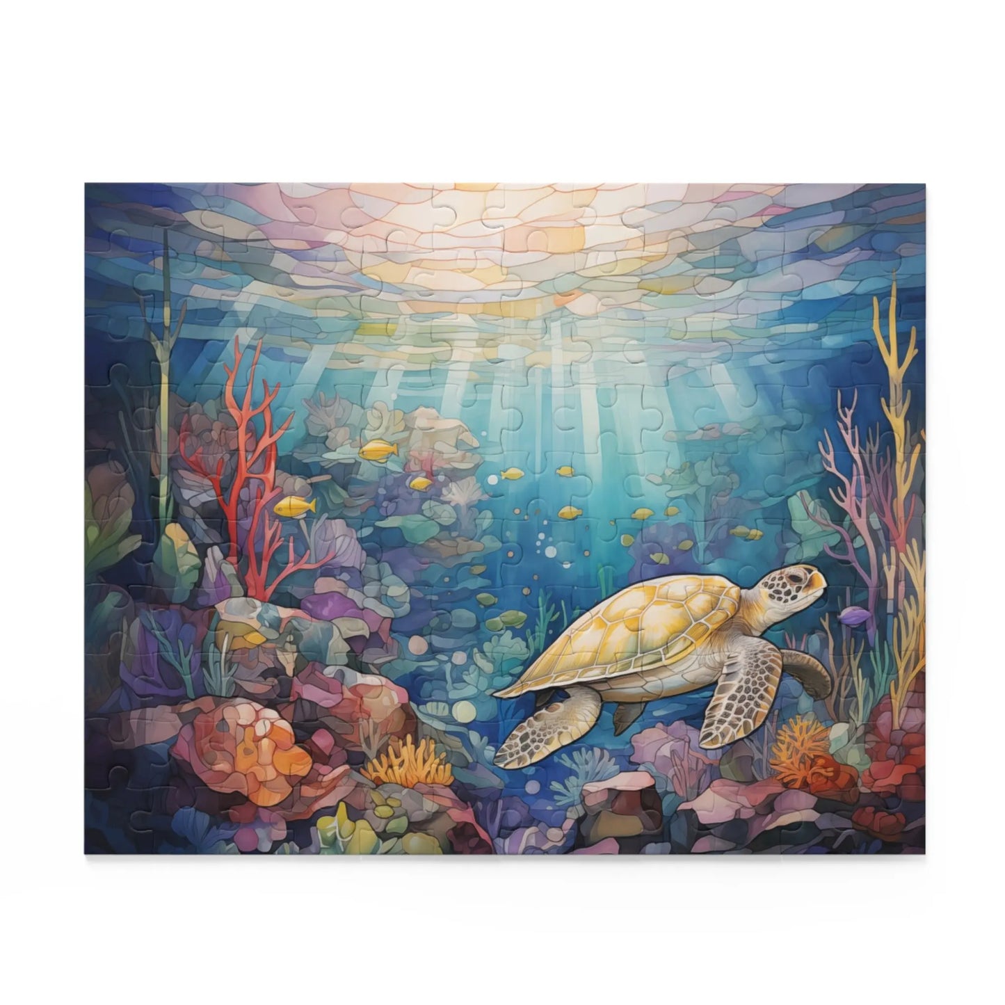 The Sea Turtle Reef Jigsaw Puzzle showcases a sea turtle gliding through vivid coral reefs, reminiscent of a stained glass artwork. Sunlight bathes the marine life, creating a peaceful scene perfect for any puzzle enthusiast.