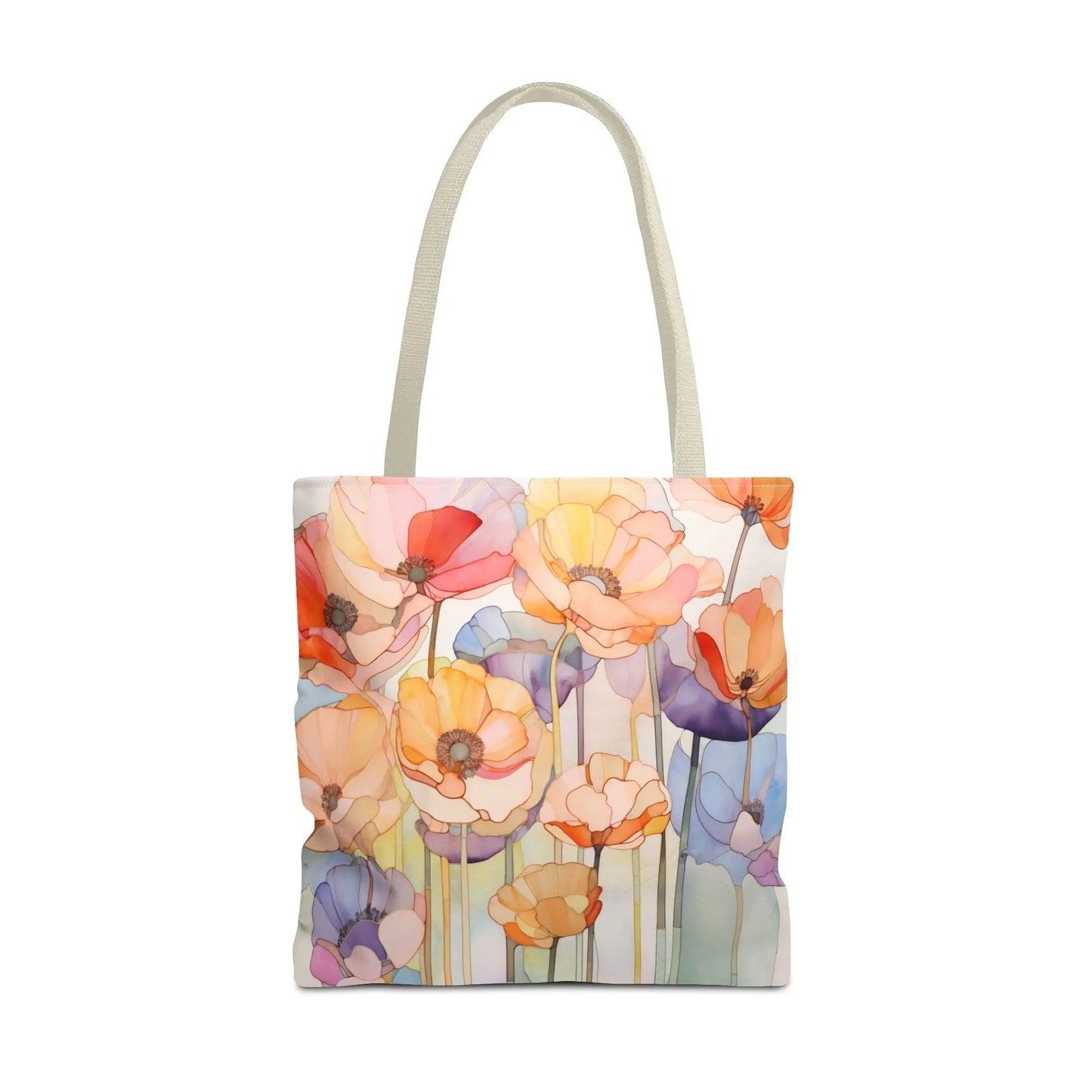 The Stained Glass Poppy Flowers Tote Bag features a vibrant floral design in orange, purple, pink, and yellow on a light background. Made from durable polyester, it has two light gray handles and comes in three sizes.