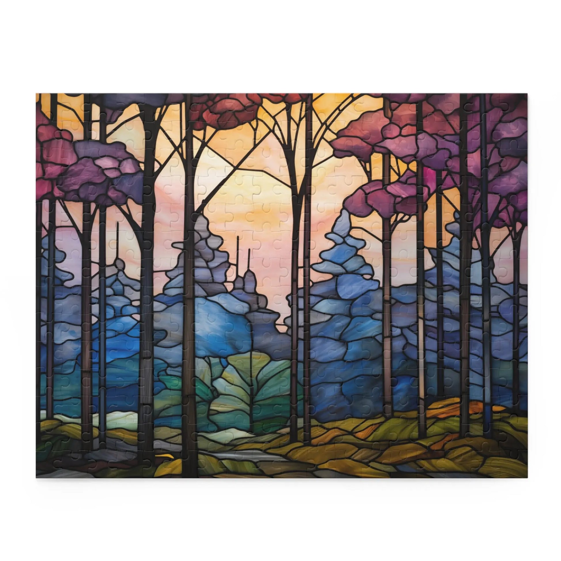 The Dark Woods Forest Jigsaw Puzzle depicts a dark forest with tall trees and pink, purple, and blue leaves. Multicolored leaves cover the ground beneath a sunrise sky background—perfect for nature lovers.