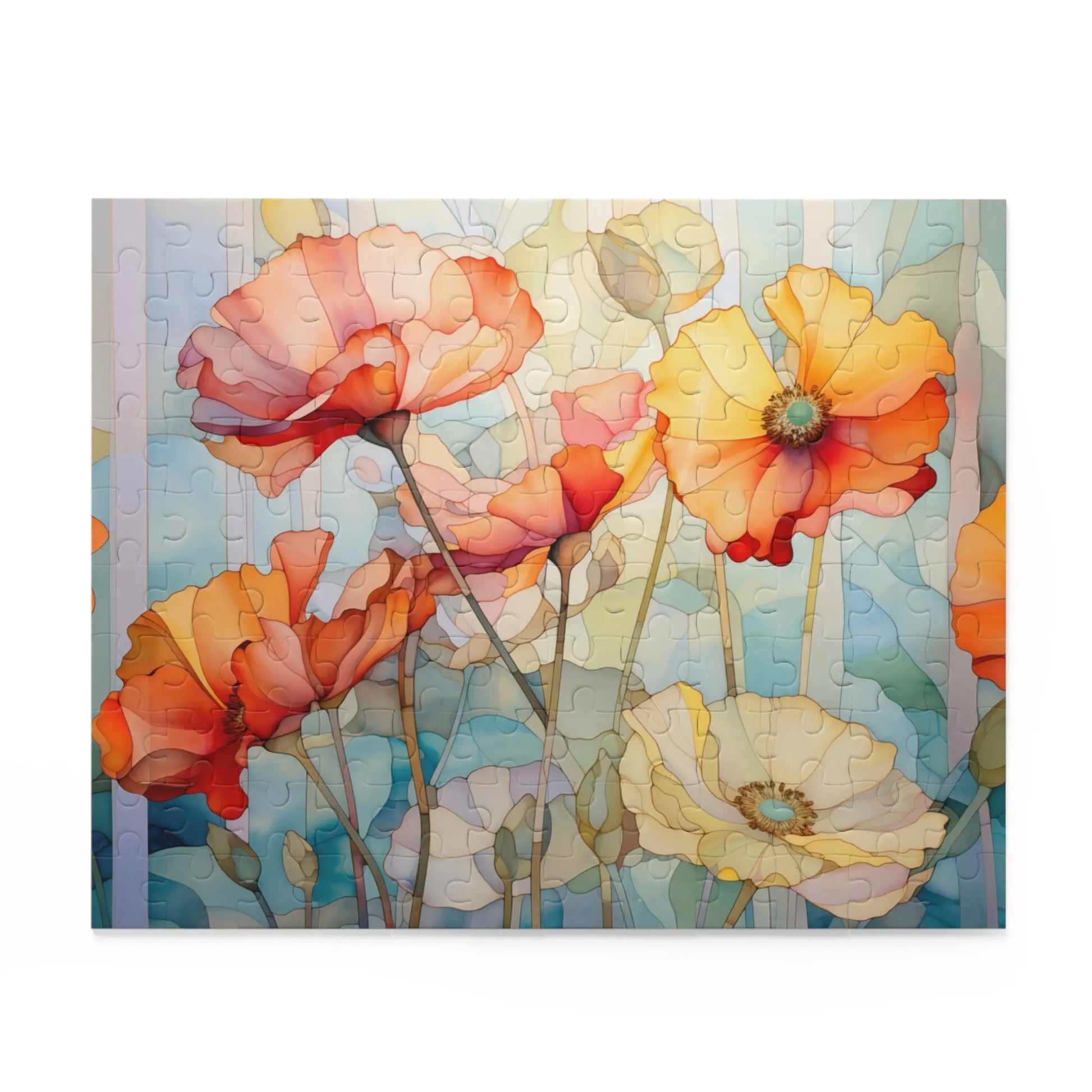 The Watercolor Poppies Jigsaw Puzzle features vibrant watercolor poppies in red, orange, and yellow on a light blue backdrop. The scenes tall, slender stems and delicate petals provide a whimsical touch, making it an ideal gift for art enthusiasts or puzzle lovers.
