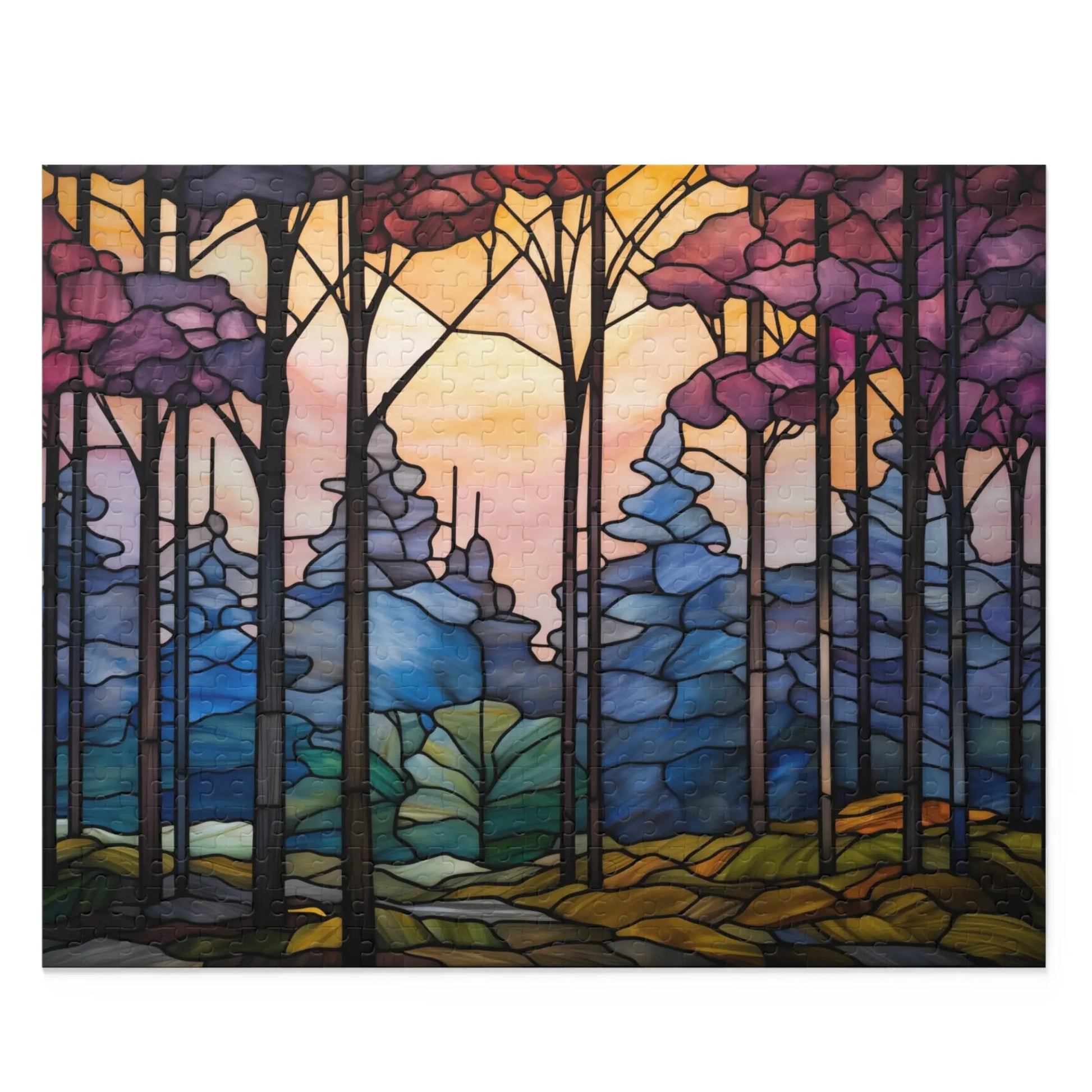 The Dark Woods Forest Jigsaw Puzzle features a stained glass-style image of tall, slender trees in a dark forest. Pink, purple, and blue leaves contrast with a warm sunset sky above intricately detailed green and brown ground. Ideal as an art gift.