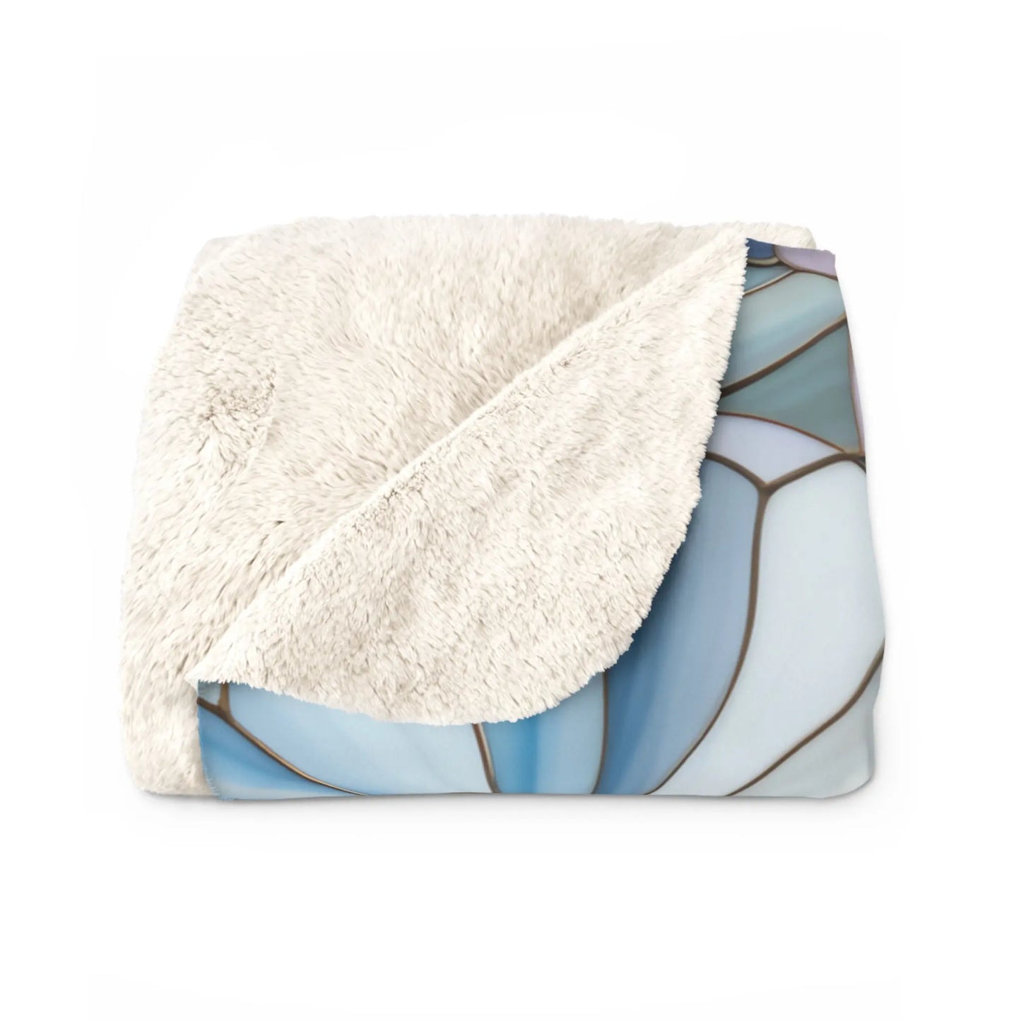 The Stained Glass Flowers Sherpa Fleece Blanket is a custom plush velveteen piece with one fluffy cream side and the other patterned in blue and gray shapes, exuding boho elegance.