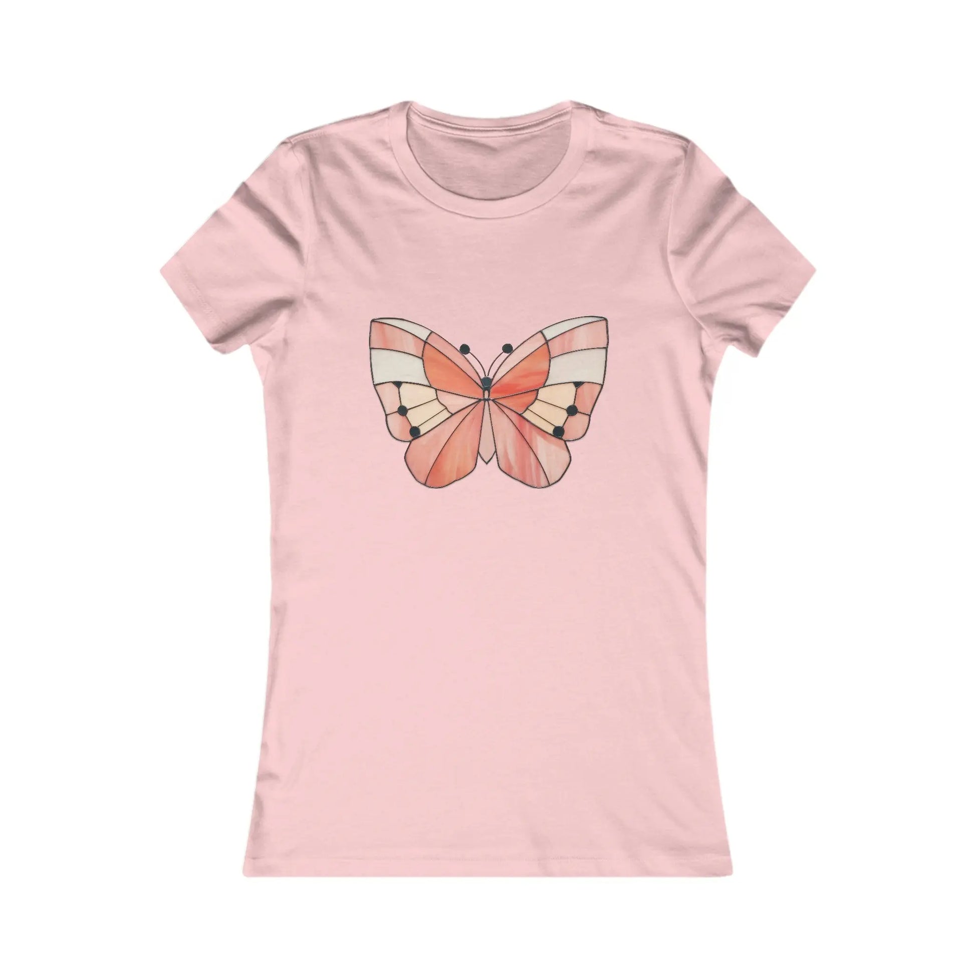 The Stained Glass Spring Butterfly Womens Tee Shirt features a cozy pink fabric with a beautifully centered butterfly design, showcasing orange, cream, and black patterns on its wings for a striking effect.