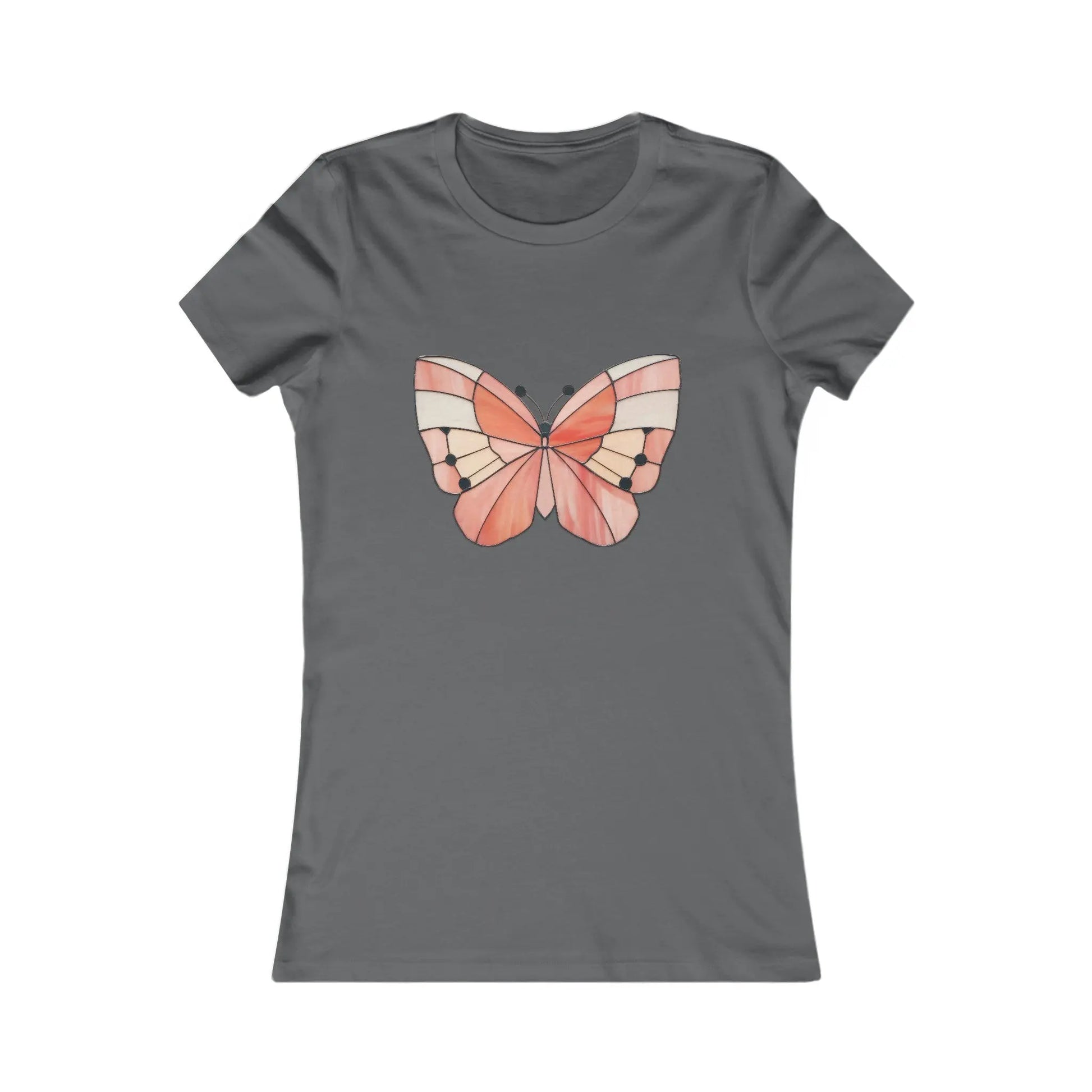 The Stained Glass Spring Butterfly Womens Tee Shirt is a gray t-shirt with a large, stylized butterfly design in pink, cream, and black on the front. Its comfortable and perfect for fans of sustainable clothing with a unique flair.