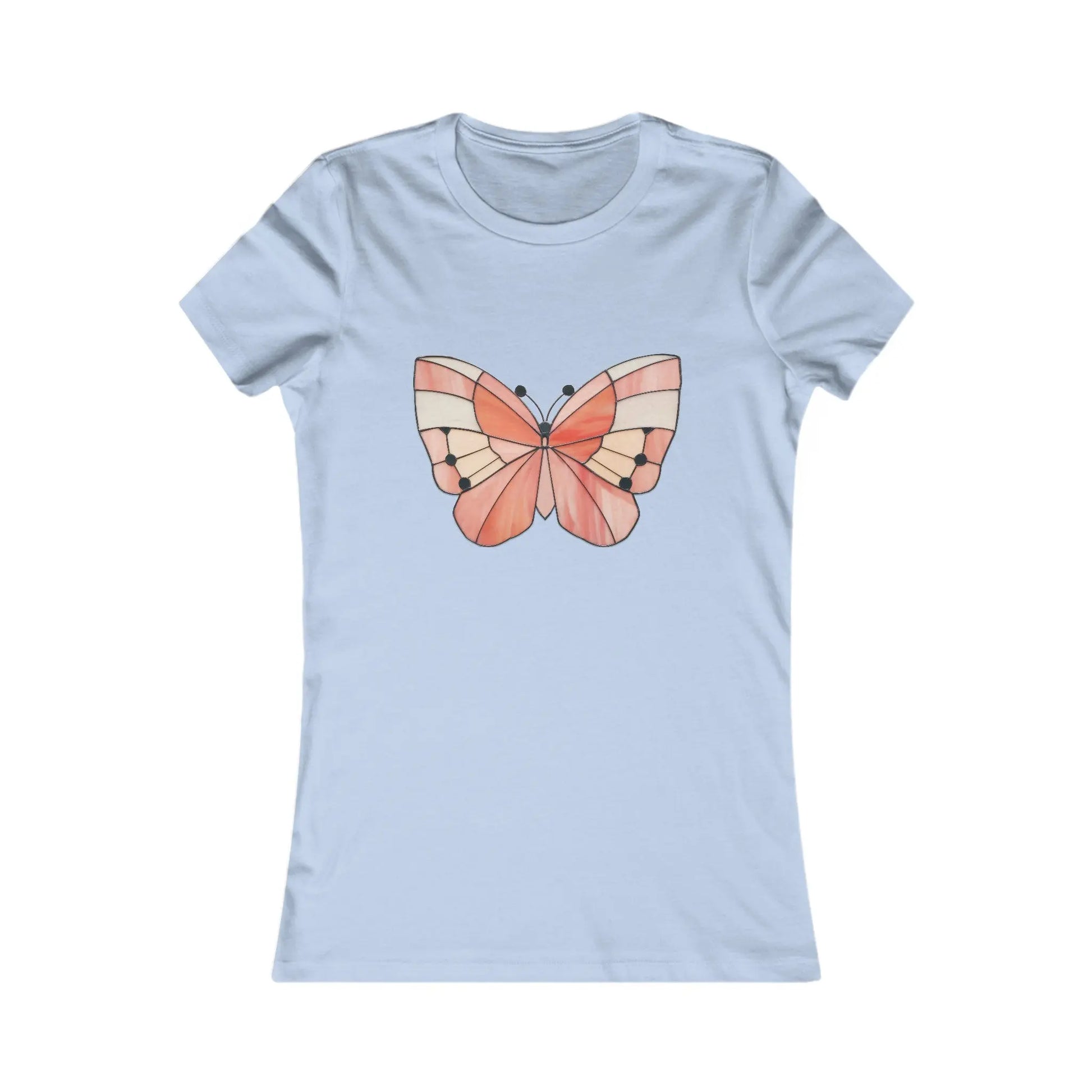 The Stained Glass Spring Butterfly Womens Tee Shirt offers comfort in light blue, featuring a large butterfly design in stained glass style with vibrant pink, orange, and black shades centered on the front.