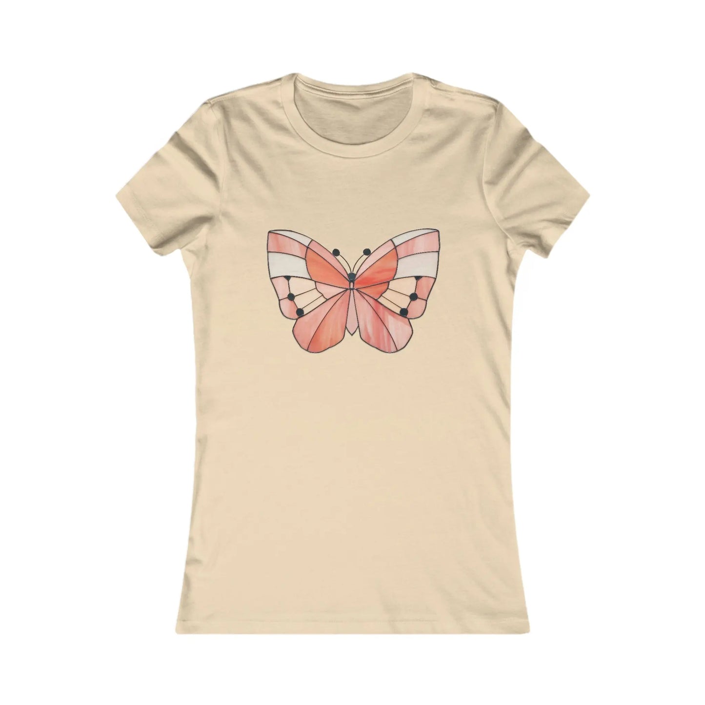 This comfortable Stained Glass Spring Butterfly Womens Tee Shirt in beige features a stunning design of symmetrical pink and orange butterflies with black and white wing accents, gracefully centered on the chest.