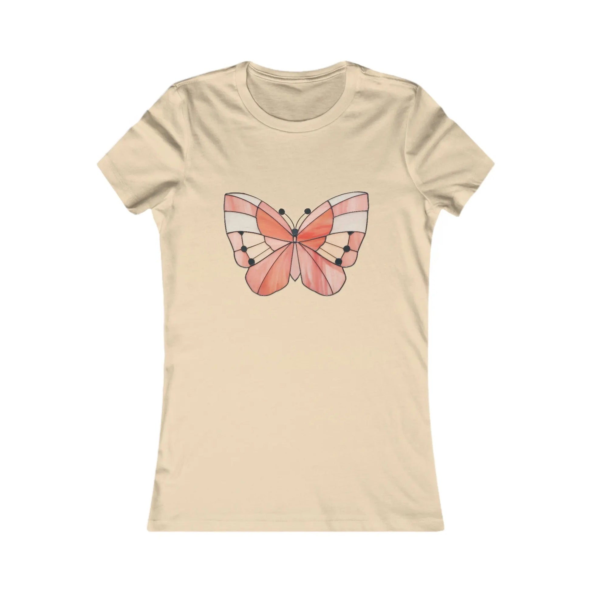 This comfortable Stained Glass Spring Butterfly Womens Tee Shirt in beige features a stunning design of symmetrical pink and orange butterflies with black and white wing accents, gracefully centered on the chest.