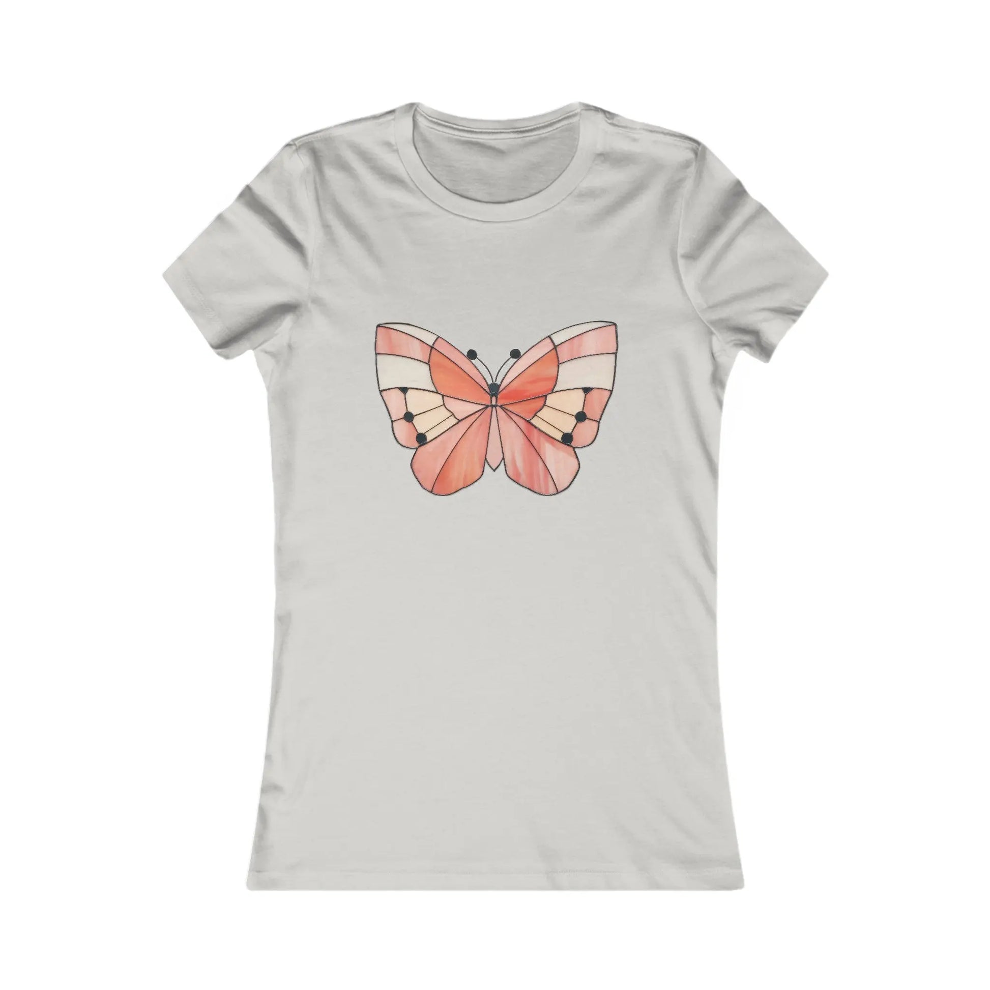 The Stained Glass Spring Butterfly Womens Tee Shirt is a light gray, comfortable piece featuring a large, colorful butterfly graphic in shades of pink, peach, orange, and black on a white background. Its stylish and eco-friendly sustainable clothing.