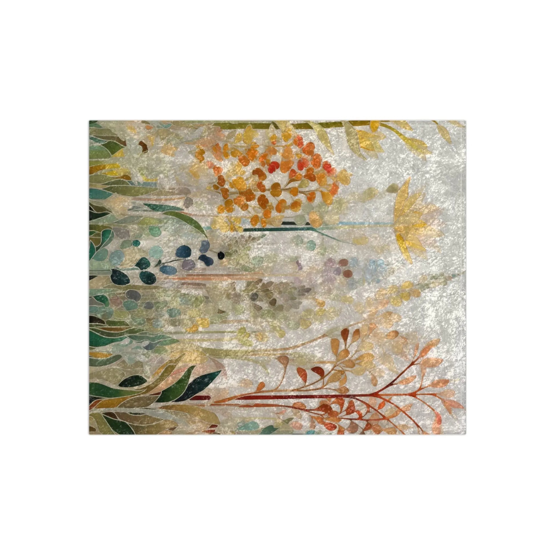 The Stained Glass Fall Flowers Crushed Velvet & Fleece Blanket (50x60) features an abstract autumn design with splashes of orange, yellow, and green on a textured light background. It includes leaf and branch shapes, reminiscent of stained glass art, creating a dynamic layered effect.