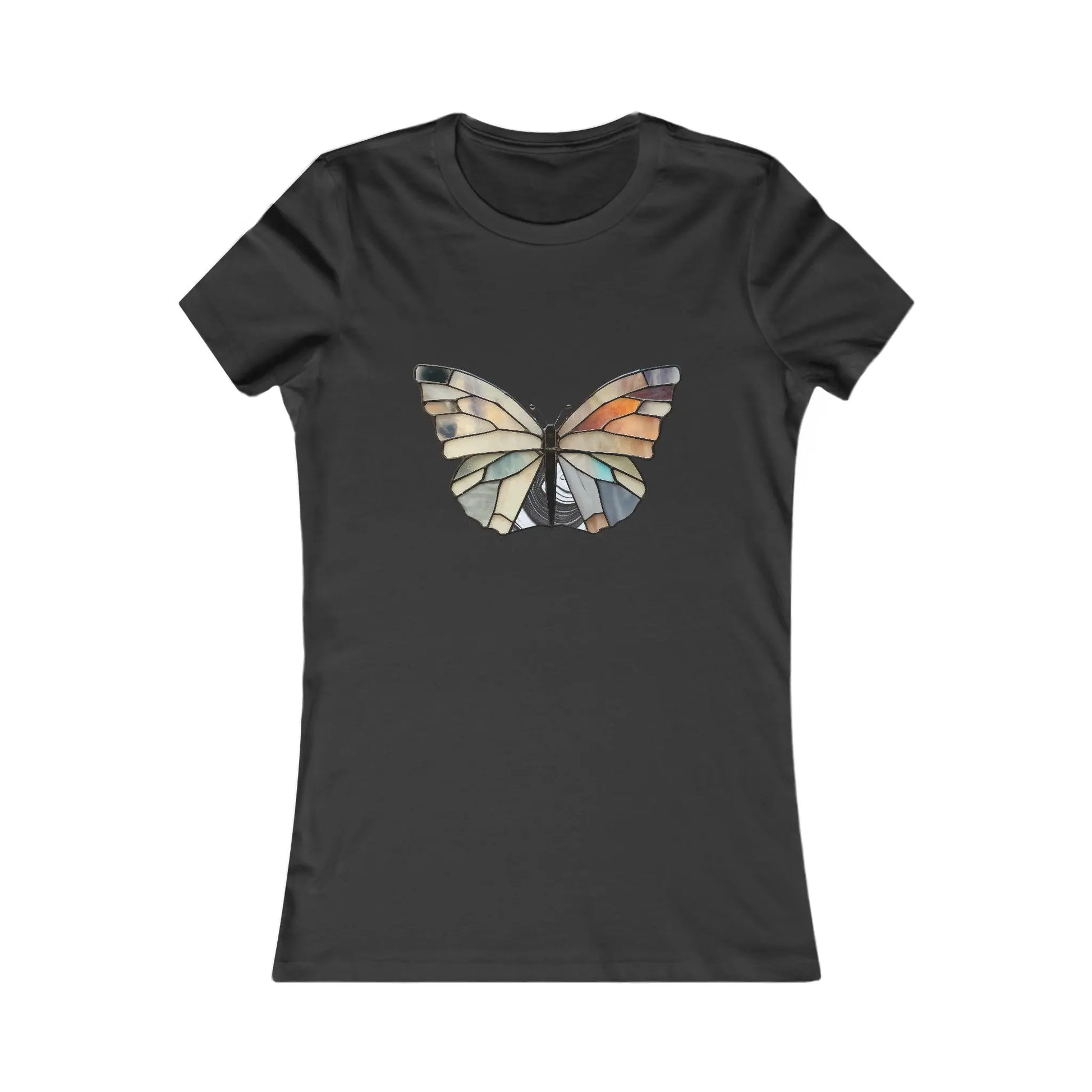 Stained Glass Summer Butterfly Womens Tee Shirt: A black tailored T-shirt featuring a stylized butterfly design in muted tones of beige, orange, and gray on the front, reminiscent of stained glass artistry.