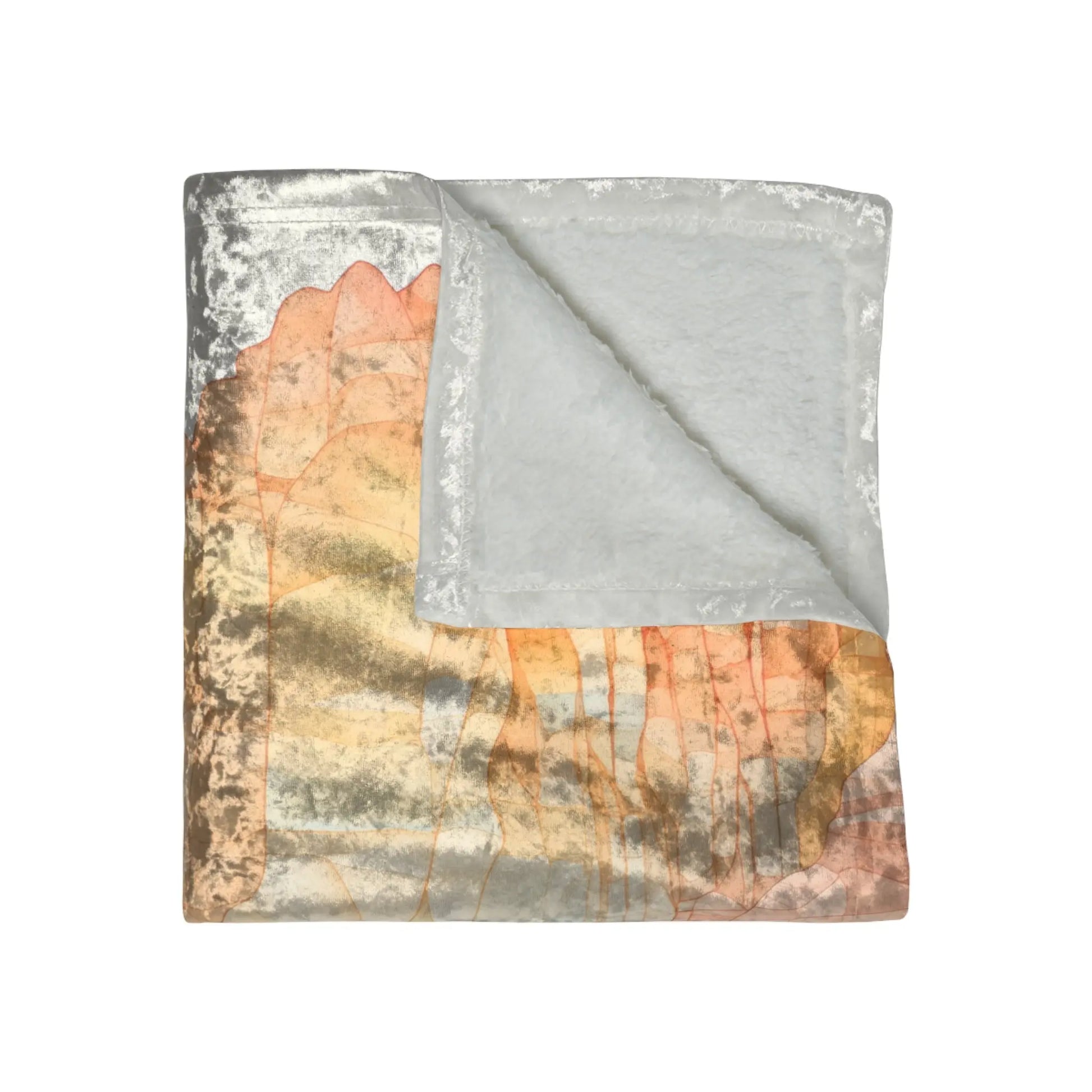 The Stained Glass Sedona Red Rocks Crushed Velvet & Fleece Blanket - 50x60 displays an abstract earthy-toned design with orange, brown, and green on one side and plush gray on the reverse, lying flat against a white background.