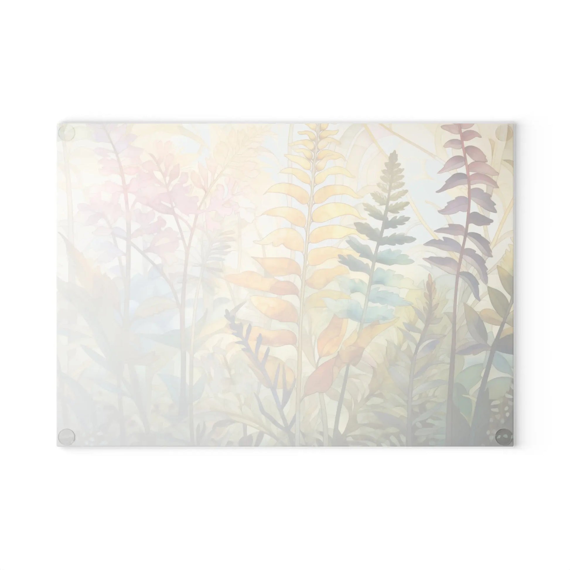 The Stained Glass Pastel Ferns Glass Cutting Board features a semi-transparent panel with abstract illustrations of colorful leaves and plants in pastel hues against a light background, adding artistic flair and combining beauty with functionality.