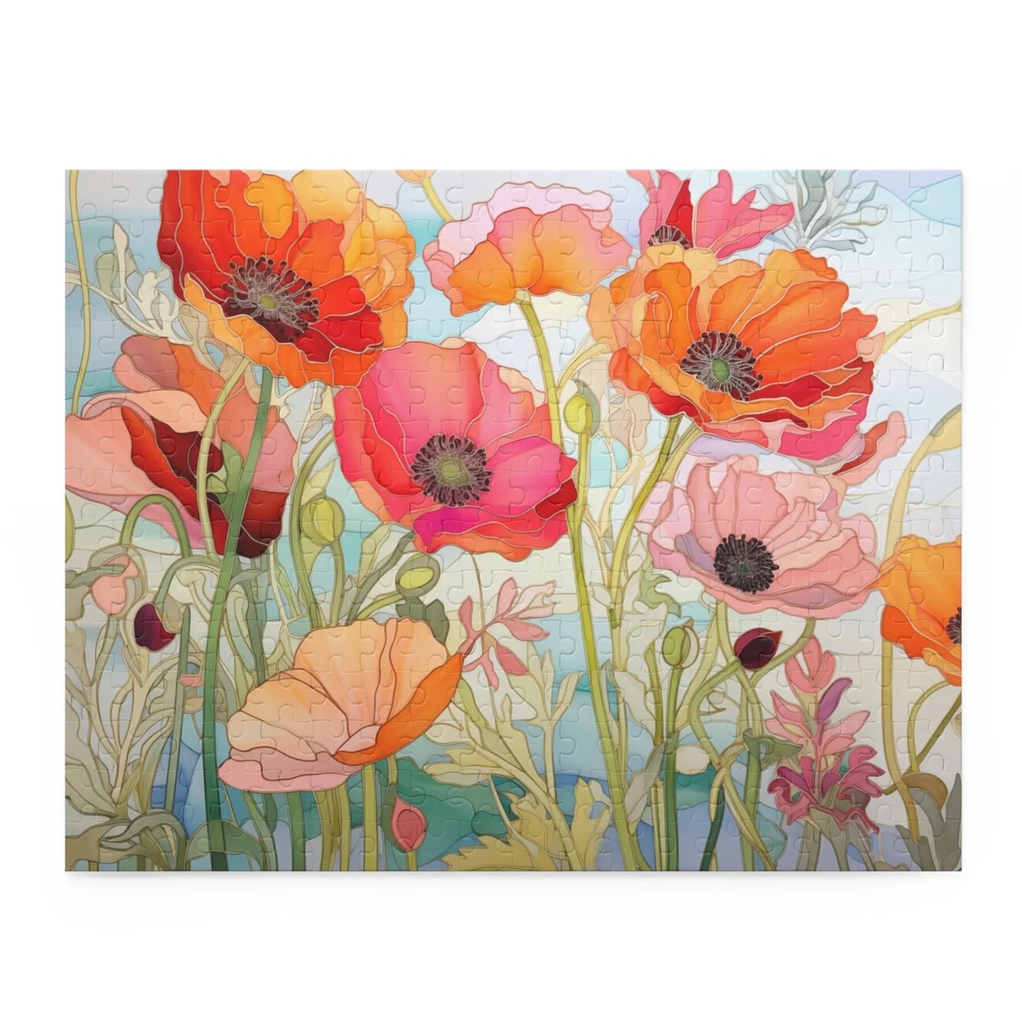 The California Poppies Jigsaw Puzzle showcases vibrant orange, pink, and red poppies with green stems on a light blue background. With a stained glass-inspired look and puzzle texture highlighting floral details, it makes an ideal art gift.