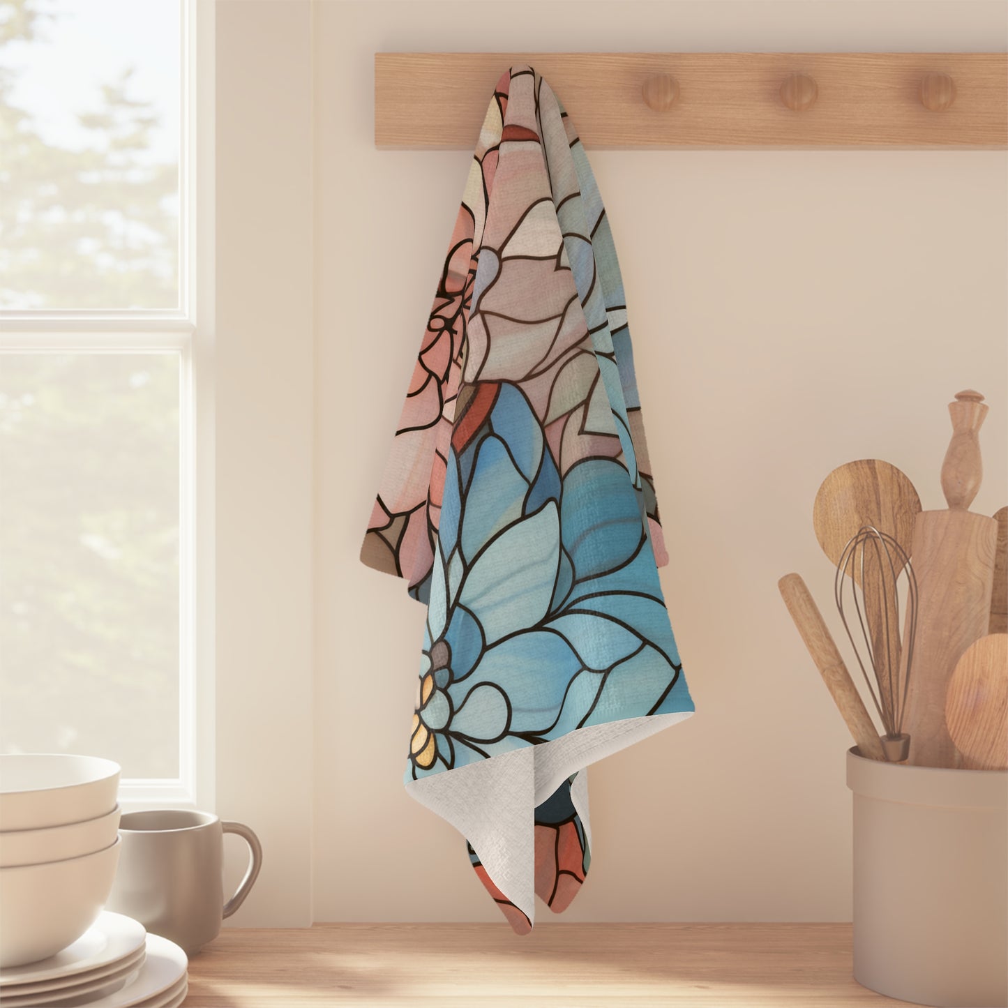 Stained Glass Flowers Tea Towel