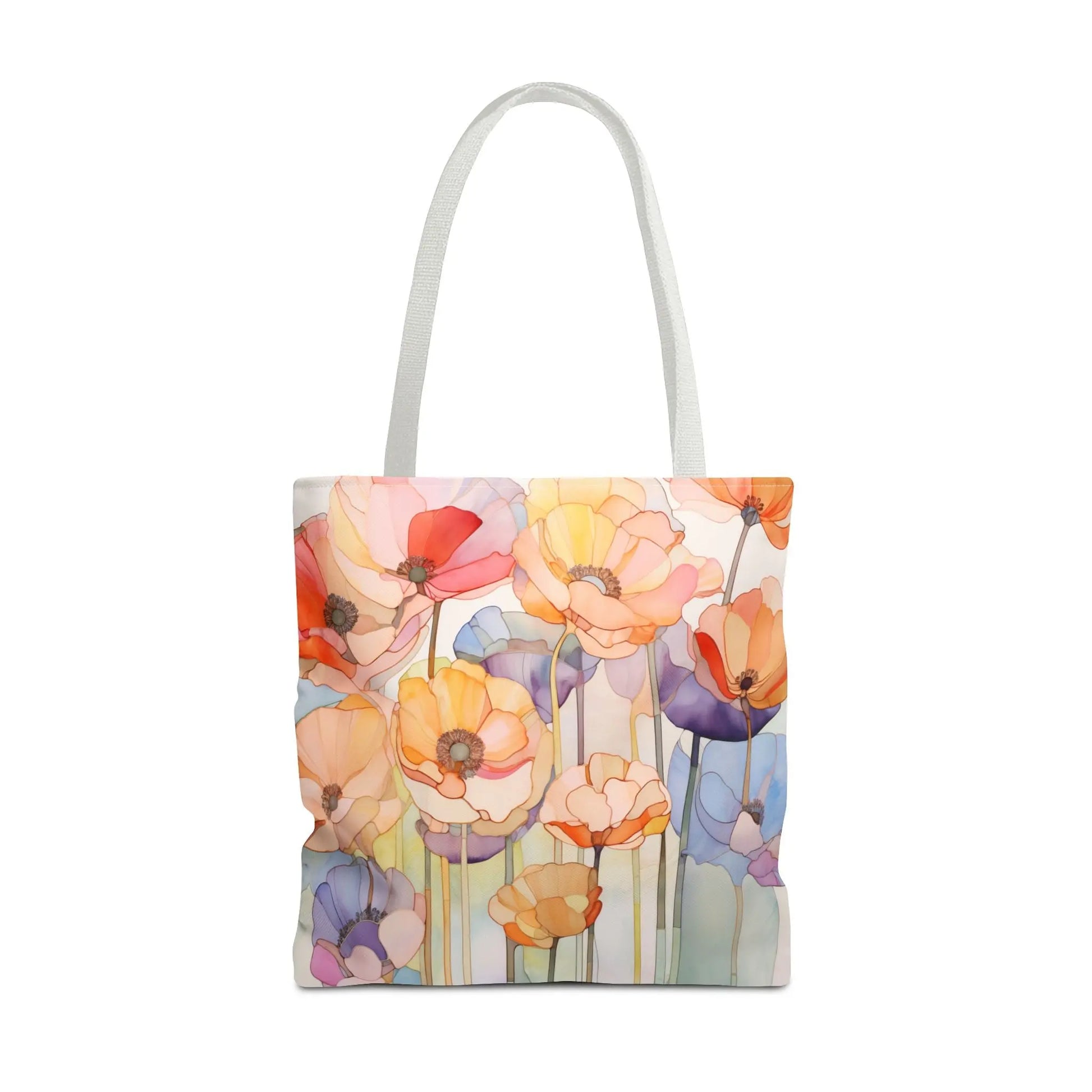 The Stained Glass Poppy Flowers Tote Bag showcases large stylized blooms in shades of orange, pink, purple, and blue on a light background. Made from durable polyester, it features two sturdy white handles. Available in three sizes.